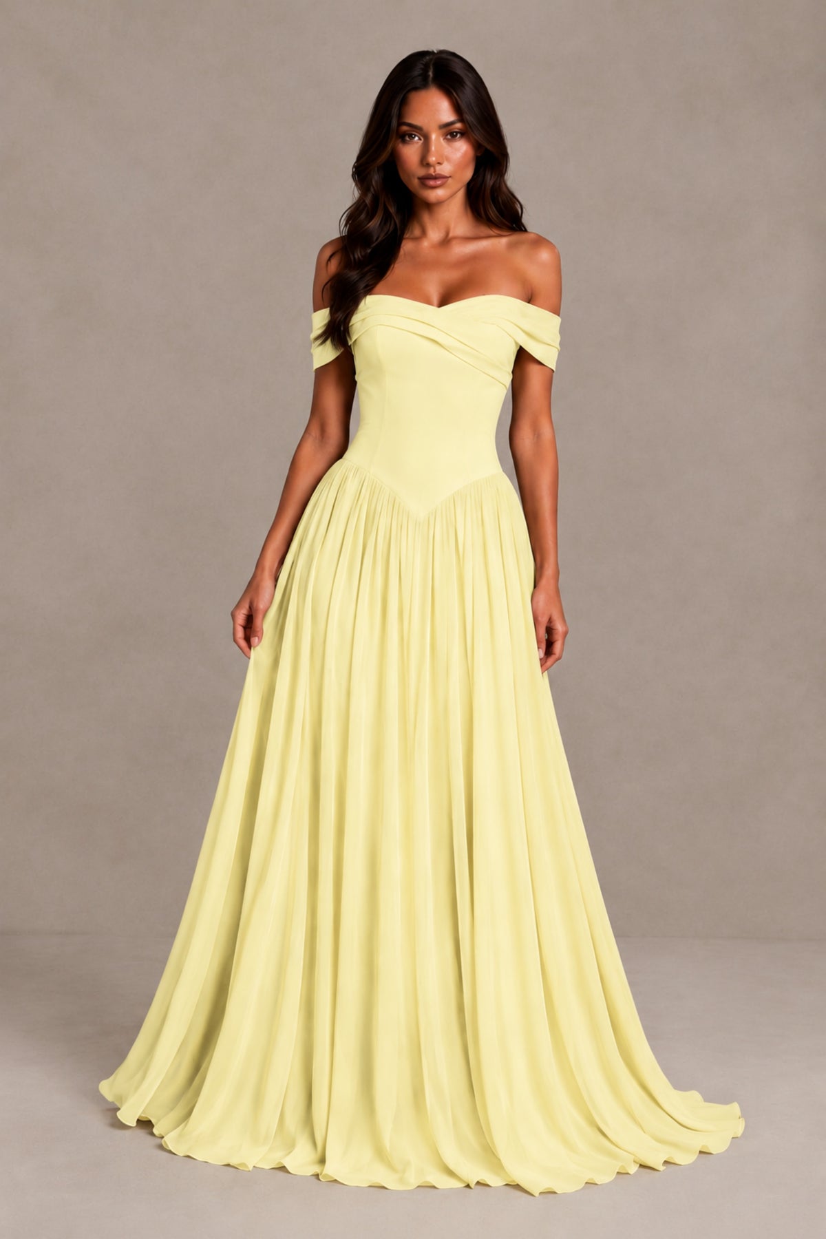 BOLODOO Daffodil Off-Shoulder Sweetheart Corset Pleated Chiffon Maxi Dress - Daffodil - Daffodil (1)