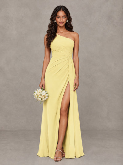 BOLODOO Daffodil One-Shoulder Chiffon Bridesmaid Dress with Ruched Bodice & High Slit - Daffodil - Daffodil (1)