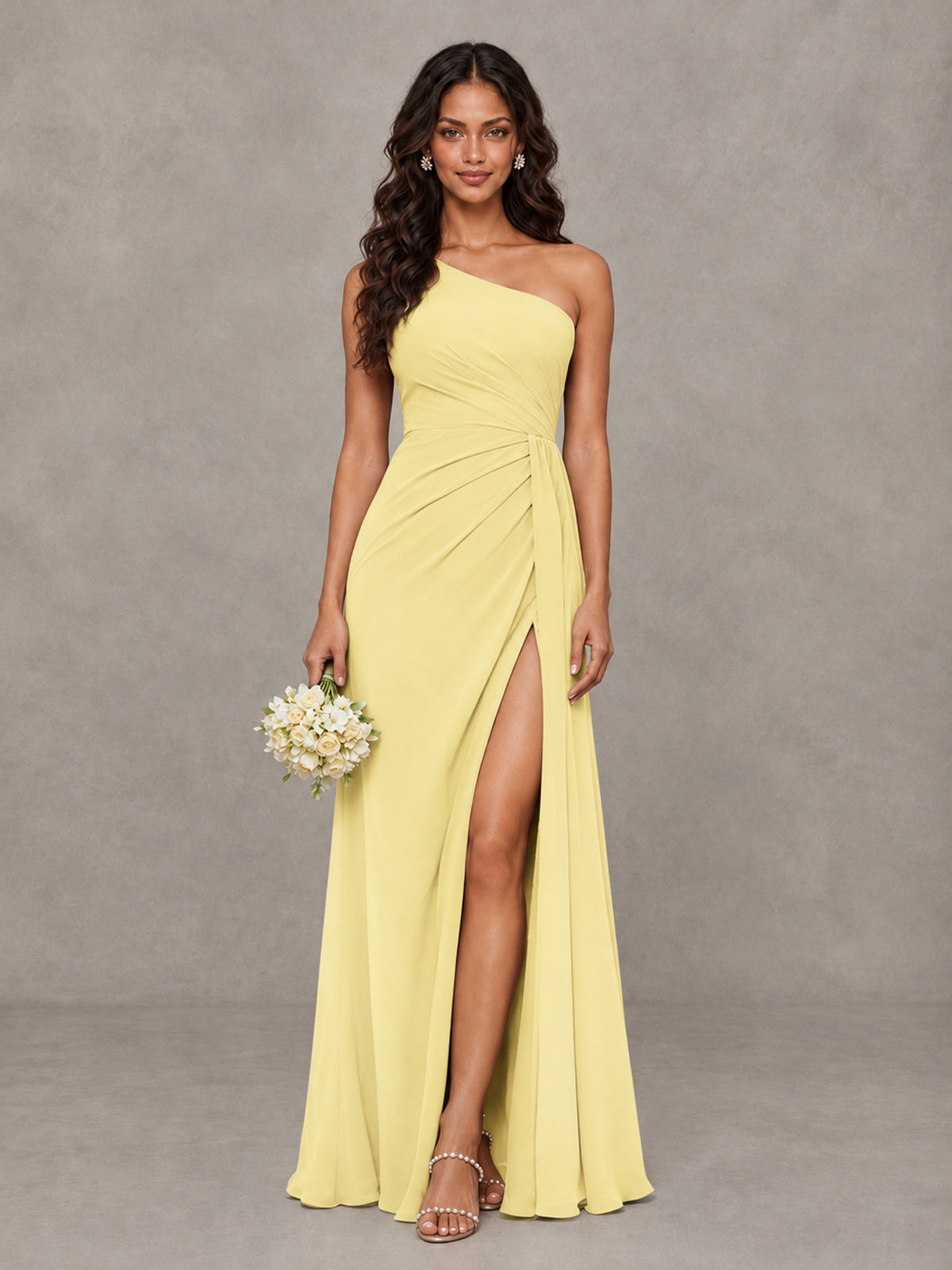 BOLODOO Daffodil One-Shoulder Chiffon Bridesmaid Dress with Ruched Bodice & High Slit - Daffodil - Daffodil (1)