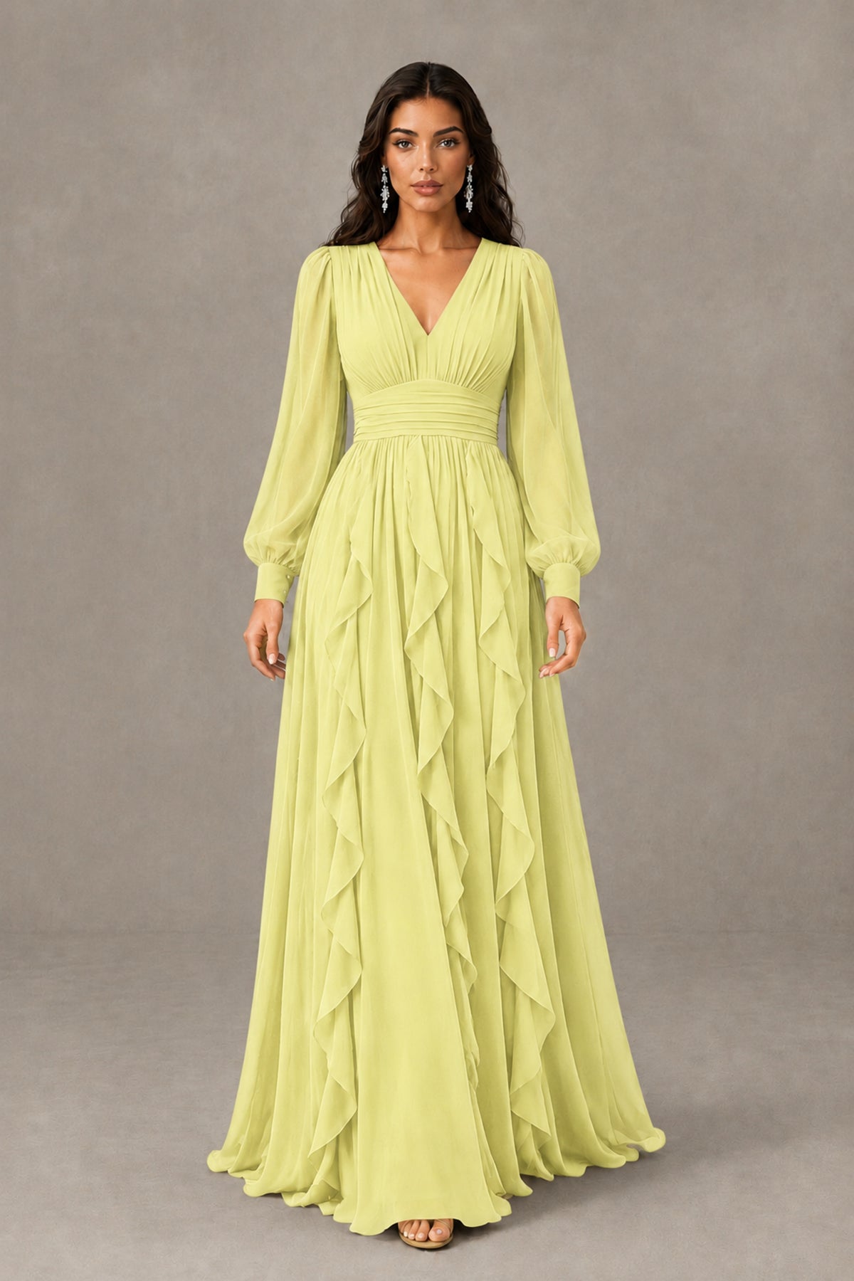 BOLODOO Daffodil Long Sleeve V-Neck Ruffle Maxi Dress - Daffodil - Daffodil (2)