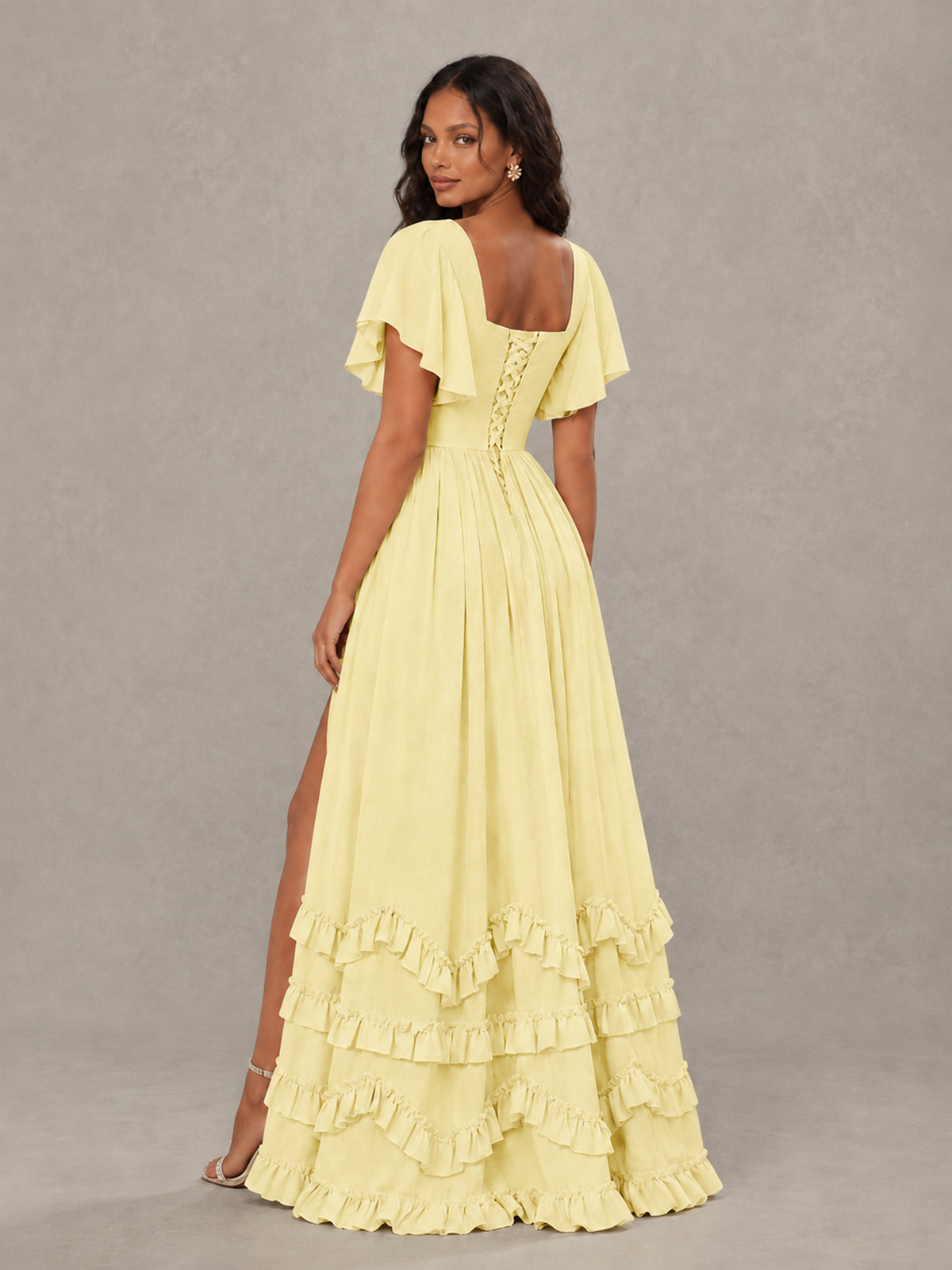 BOLODOO Daffodil V-Neck Flutter Sleeve Ruffle Bridesmaid Dress with Slit - Daffodil - Daffodil (2)