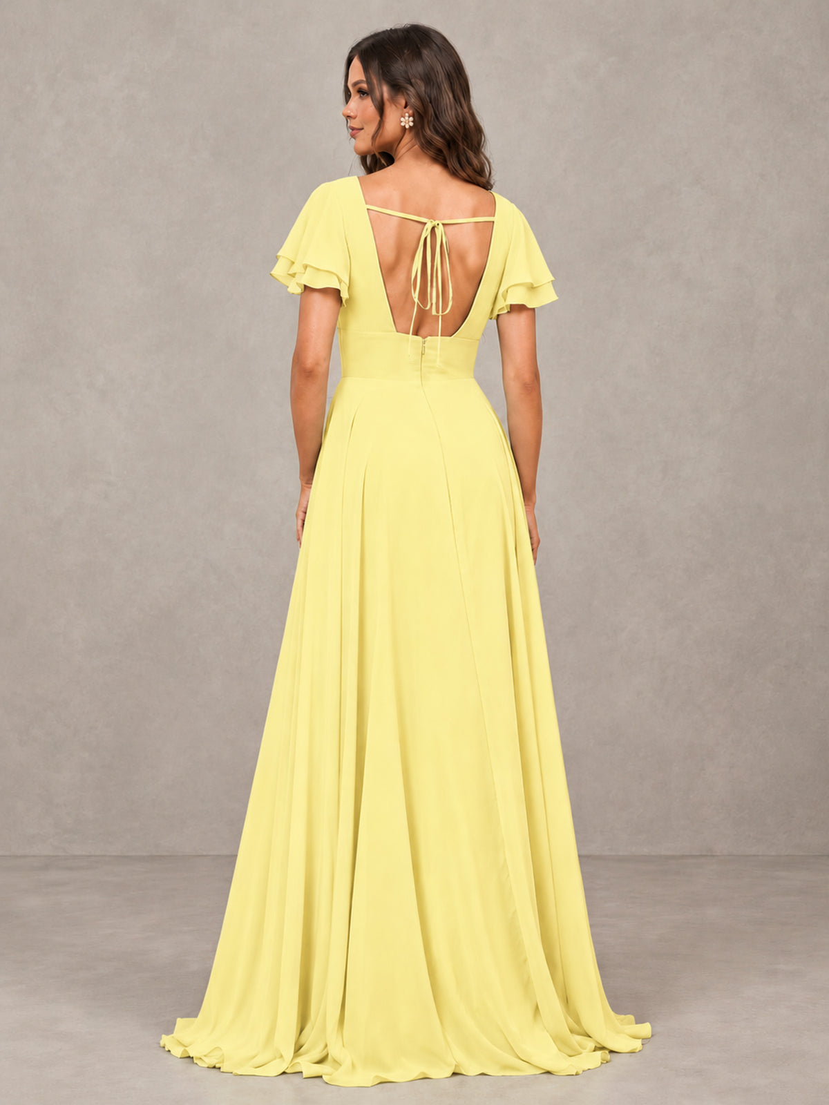 BOLODOO Daffodil Flutter Sleeve Chiffon A-Line Maxi Bridesmaid Dress with Open Back & Slit - Daffodil - Daffodil (2)