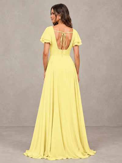 BOLODOO Daffodil Flutter Sleeve Chiffon A-Line Maxi Bridesmaid Dress with Open Back & Slit - Daffodil - Daffodil (2)