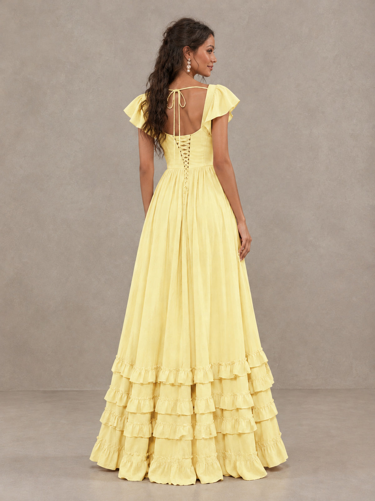 BOLODOO Daffodil Flutter Sleeve Ruffle Bridesmaid Dress with Slit - Daffodil - Daffodil (2)