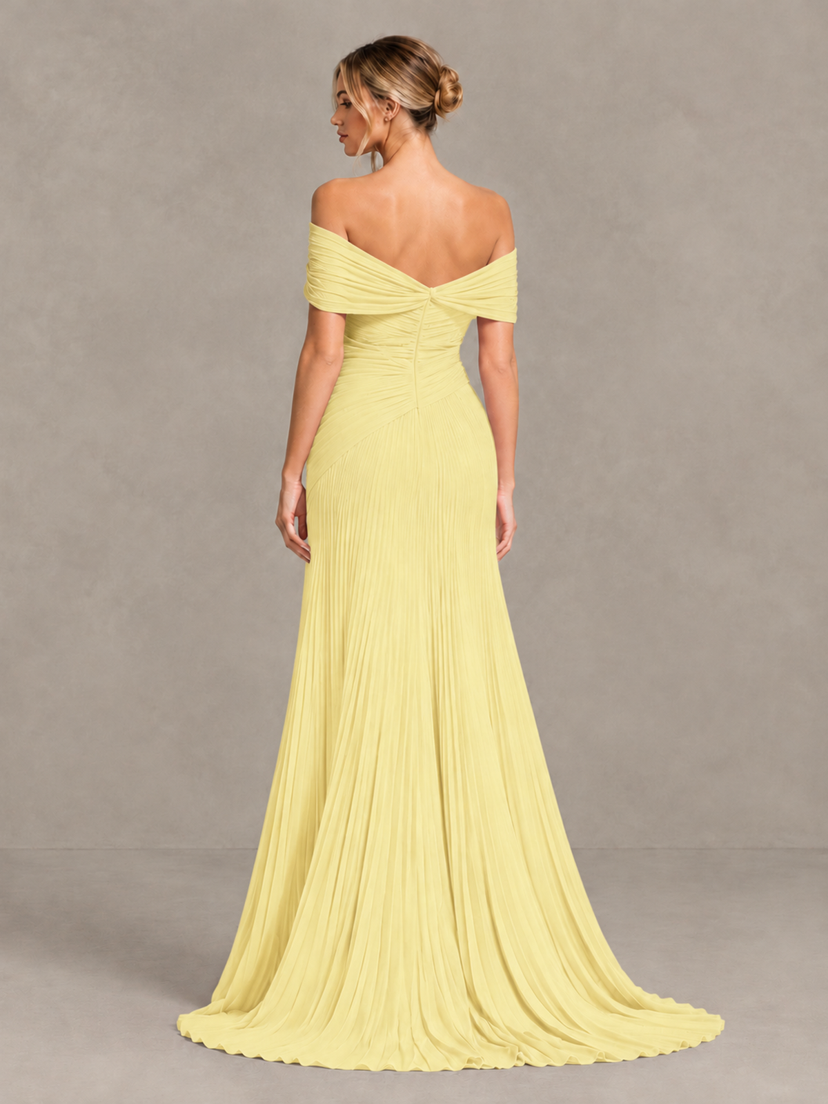 BOLODOO Daffodil Off-Shoulder Ruched Pleated Maxi Dress with High Slit - Daffodil - Daffodil (2)