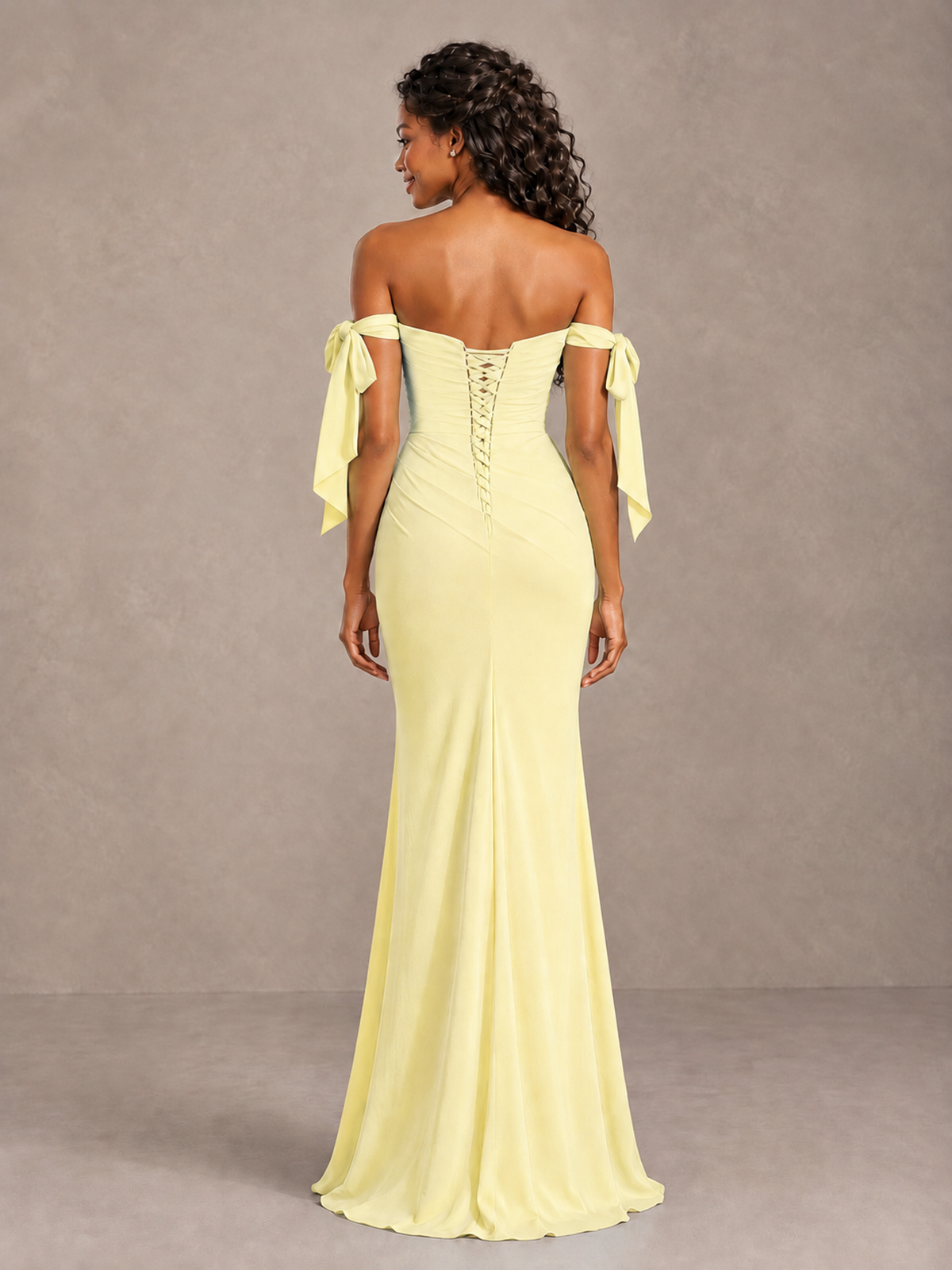 Daffodil Off-Shoulder Bow Bridesmaid Dress with Slit - Daffodil - Daffodil (2)