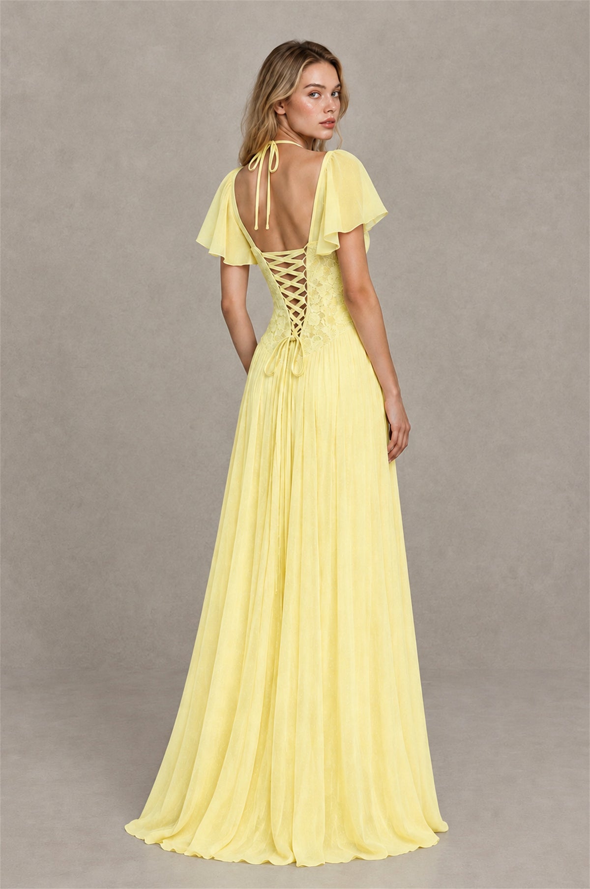BOLODOO Daffodil Flutter Sleeve Lace Corset A-Line Maxi Dress - Daffodil - Daffodil (2)