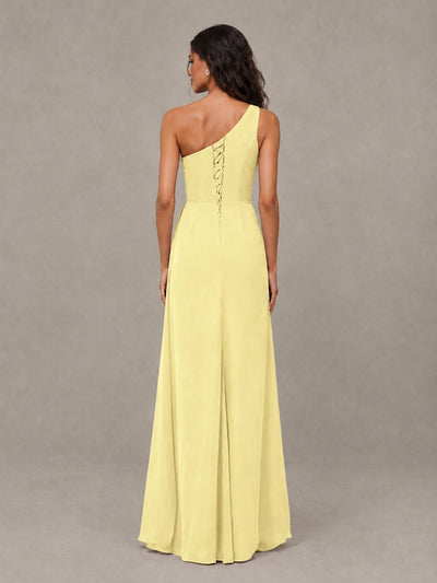 BOLODOO Daffodil One-Shoulder Chiffon Bridesmaid Dress with Ruched Bodice & High Slit - Daffodil - Daffodil (2)