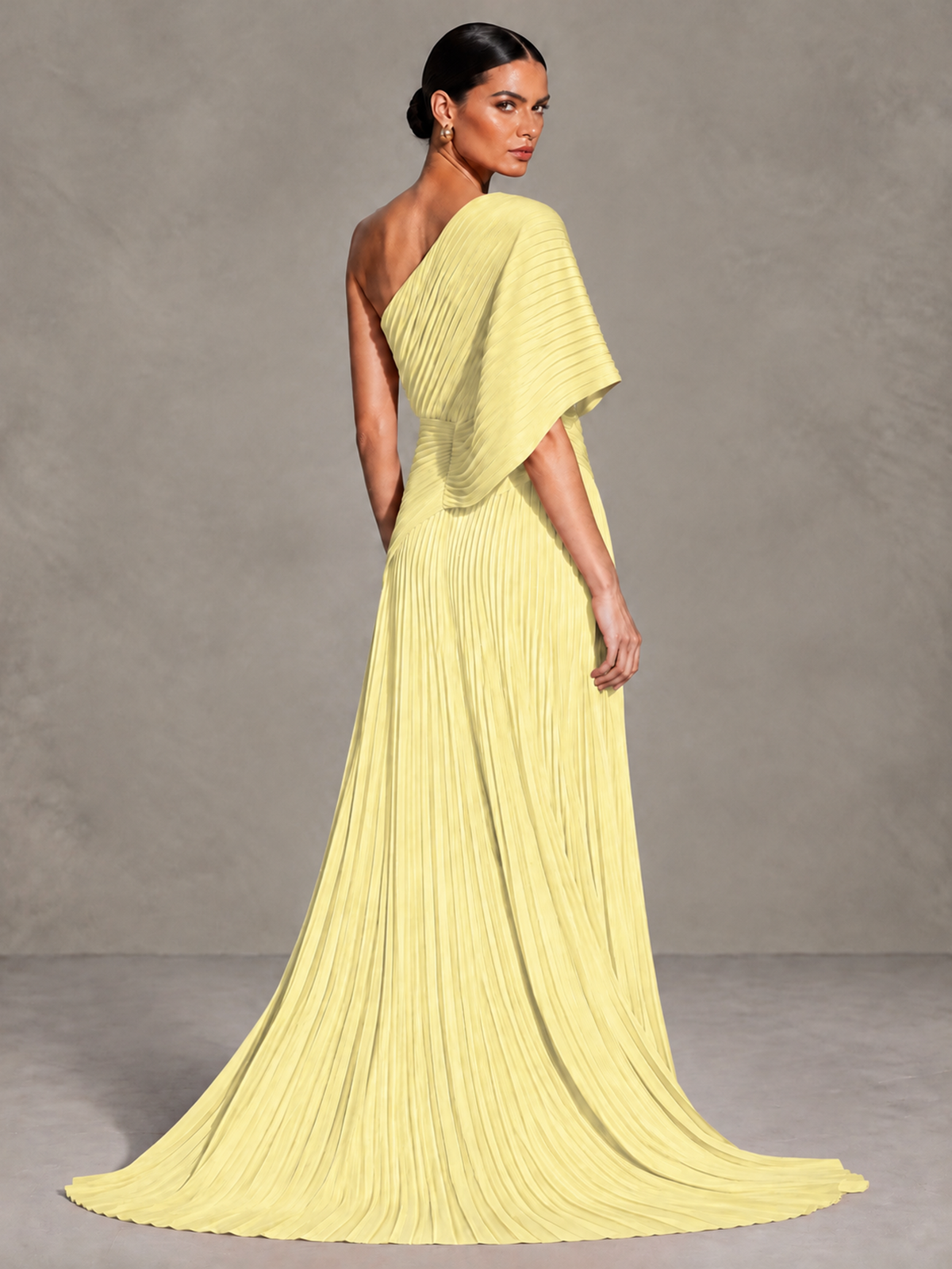 BOLODOO Daffodil One-Shoulder Pleated Cape Evening Gown with Train - Daffodil - Daffodil (2)