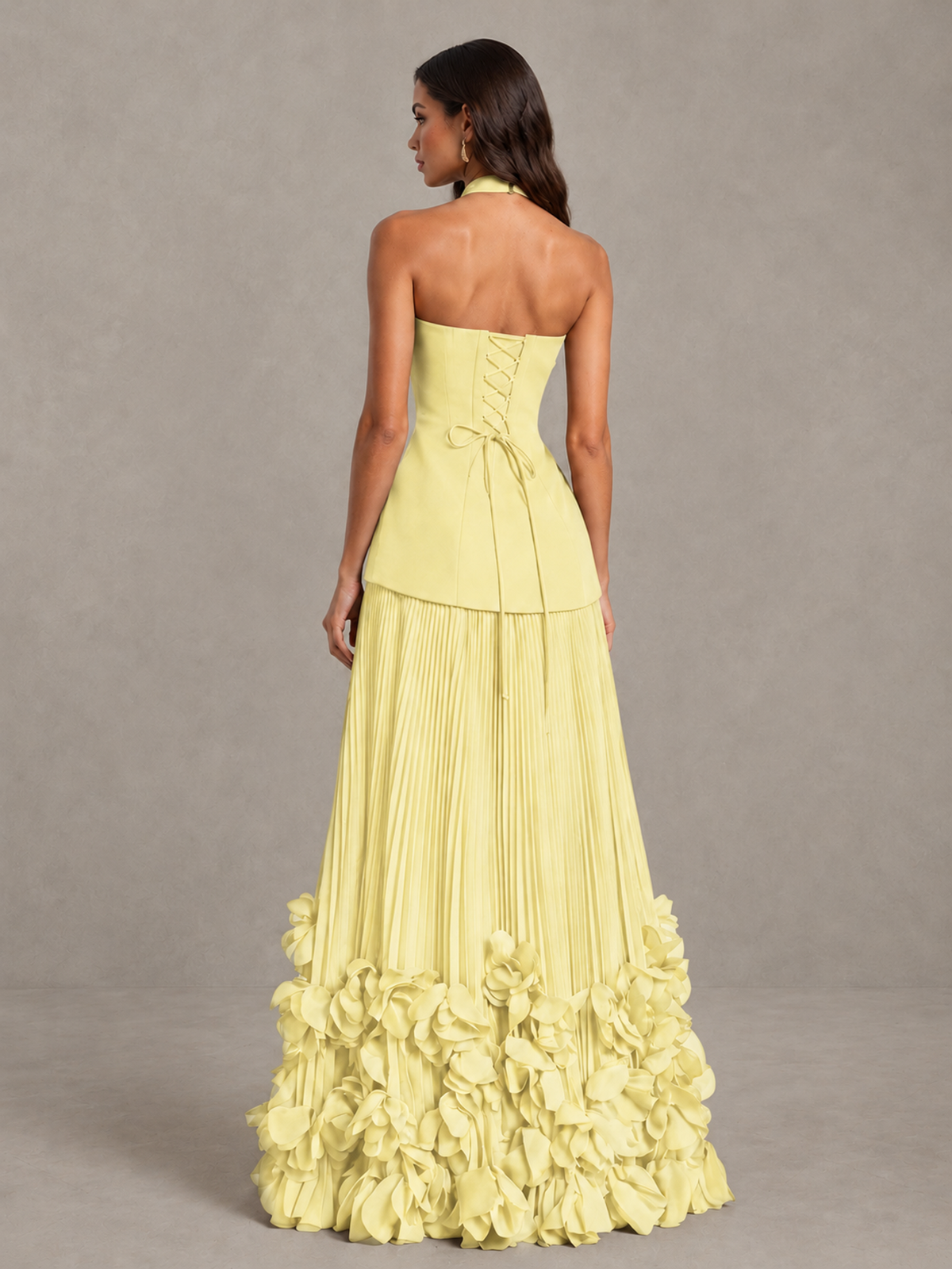 BOLODOO Daffodil Halter Neck Floor-Length Evening Gown with High Slit & 3D Floral Hem - Daffodil - Daffodil (2)