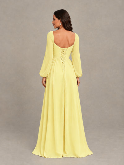 BOLODOO Daffodil Long Sleeve Chiffon Bridesmaid Dress with Slit - Daffodil - Daffodil (2)