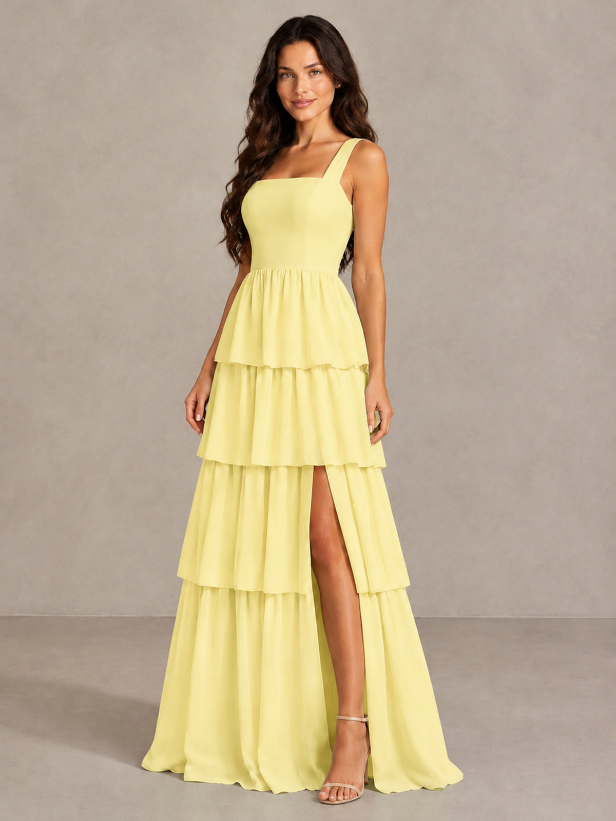 BOLODOO Daffodil Square Neck Tiered Bridesmaid Dress with Slit - Daffodil - Daffodil (3)
