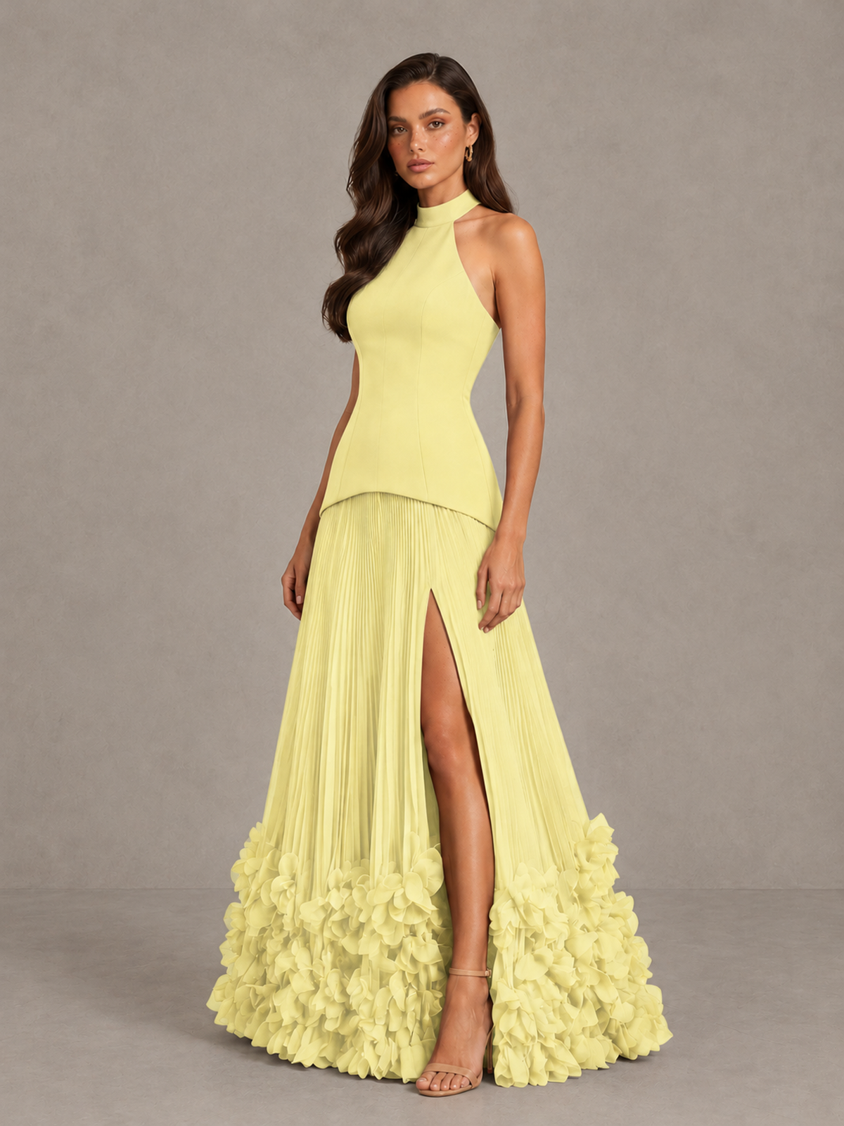 BOLODOO Daffodil Halter Neck Floor-Length Evening Gown with High Slit & 3D Floral Hem - Daffodil - Daffodil (3)