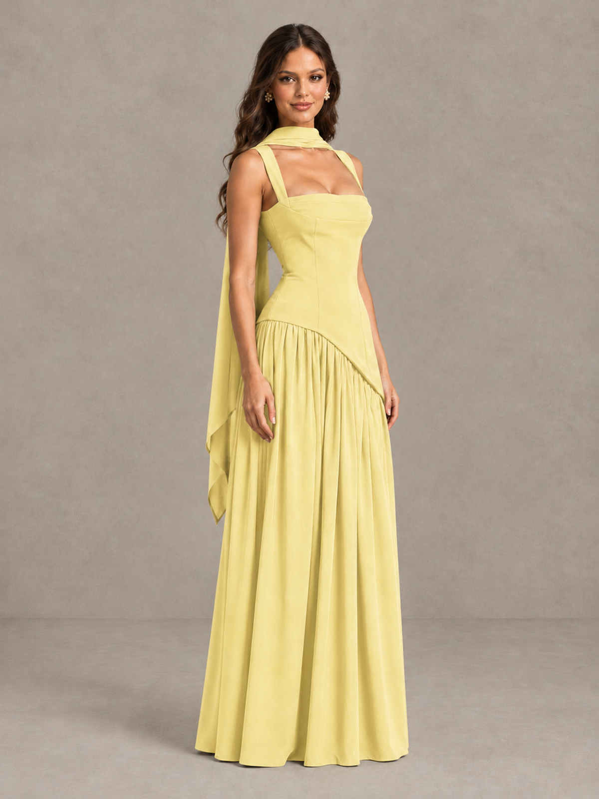 BOLODOO Daffodil Brown Scarf Bridesmaid Dress with Lace-Up Back - Daffodil - Daffodil (3)
