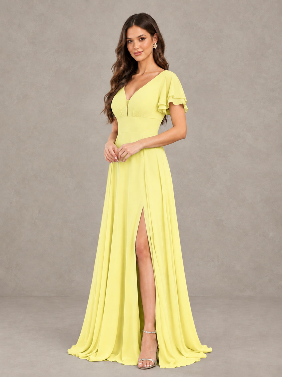 BOLODOO Daffodil Flutter Sleeve Chiffon A-Line Maxi Bridesmaid Dress with Open Back & Slit - Daffodil - Daffodil (3)