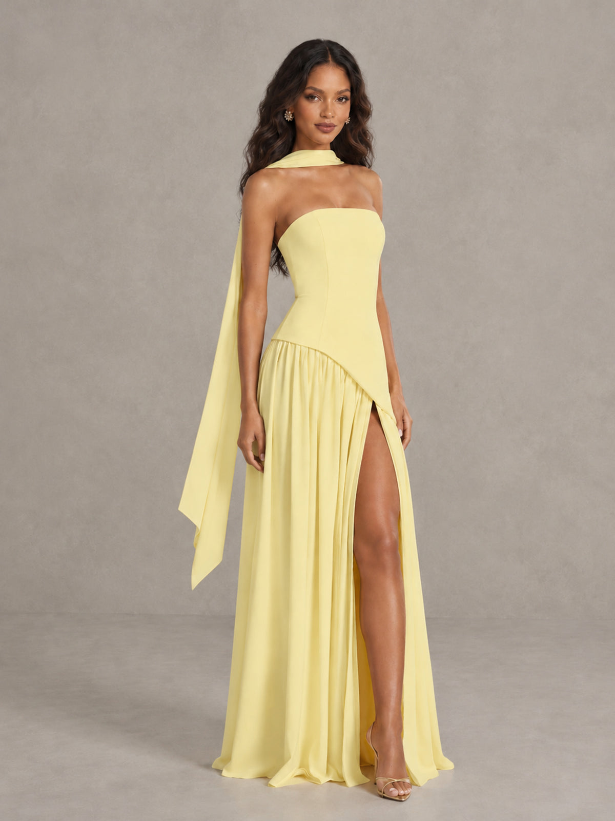 Daffodil Strapless Bridesmaid Dress with Scarf & High Slit - Daffodil - Daffodil (3)