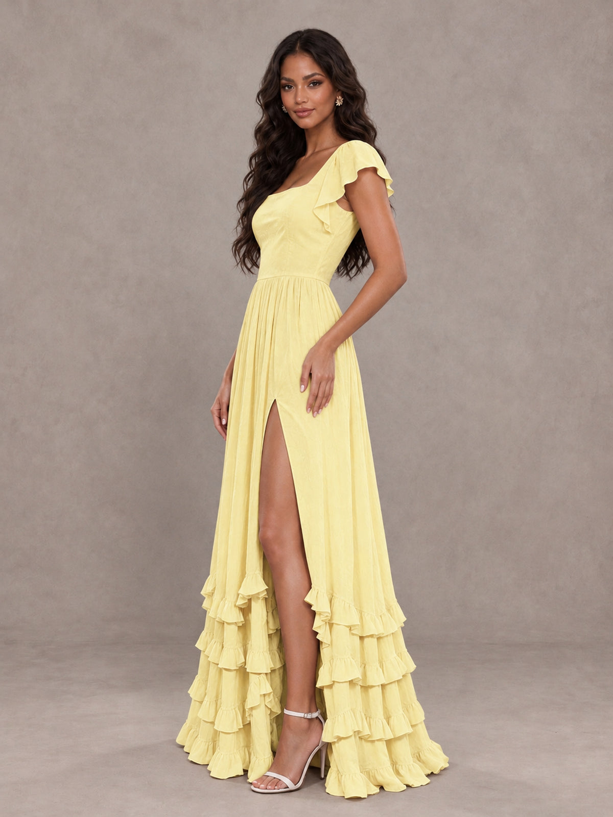 BOLODOO Daffodil Flutter Sleeve Ruffle Bridesmaid Dress with Slit - Daffodil - Daffodil (3)