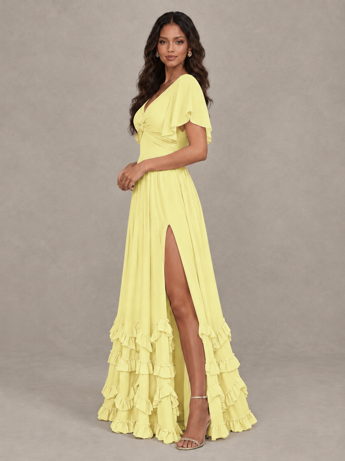 BOLODOO Daffodil V-Neck Flutter Sleeve Ruffle Bridesmaid Dress with Slit - Daffodil - Daffodil (3)