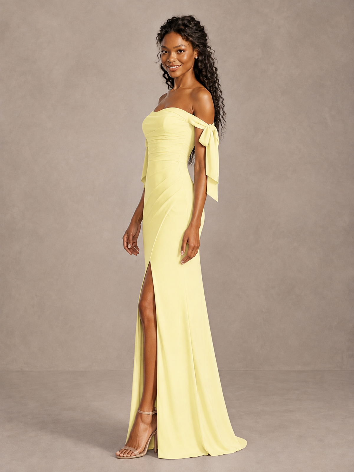 Daffodil Off-Shoulder Bow Bridesmaid Dress with Slit - Daffodil - Daffodil (3)