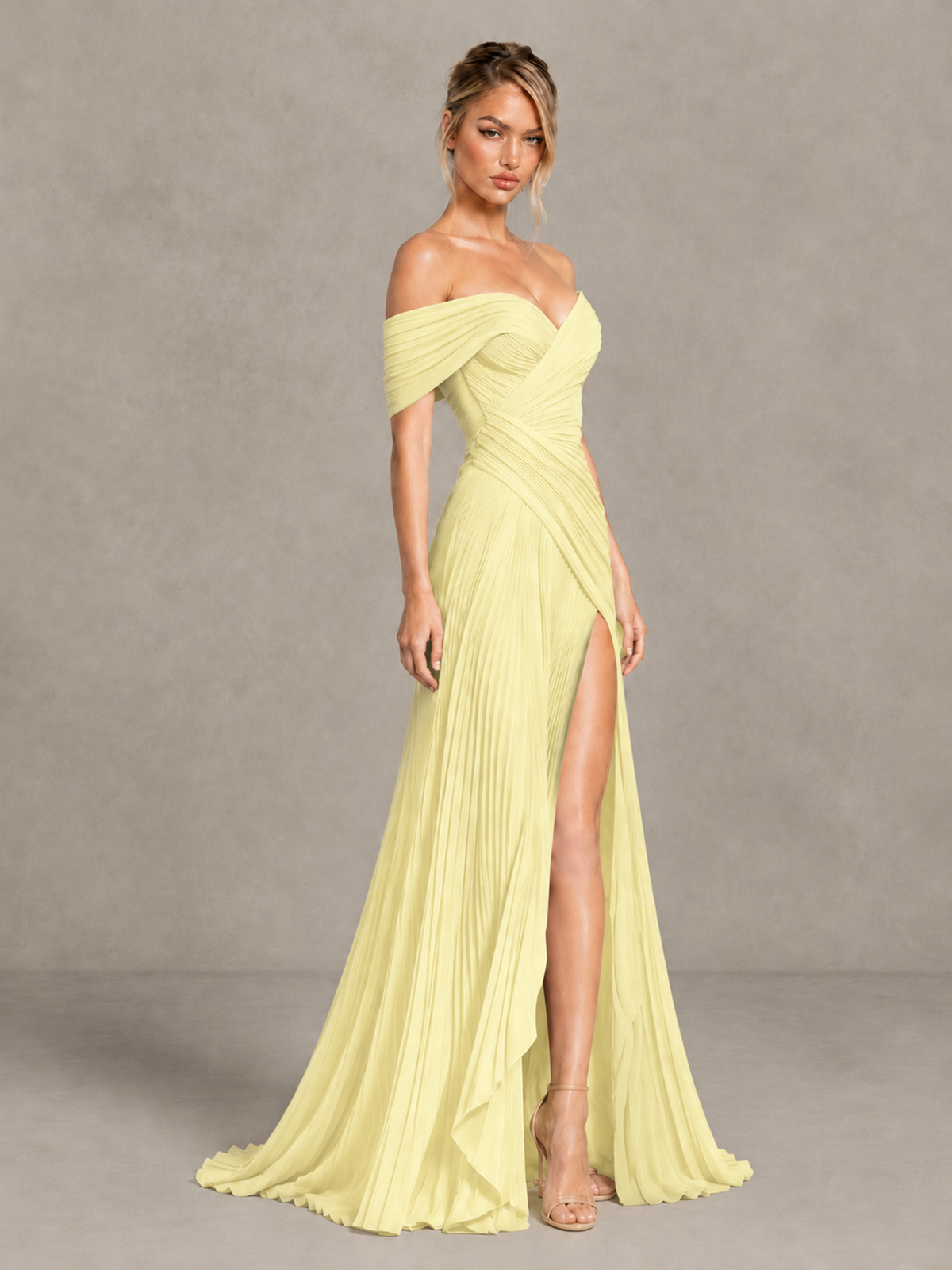 BOLODOO Daffodil Off-Shoulder Ruched Pleated Maxi Dress with High Slit - Daffodil - Daffodil (3)