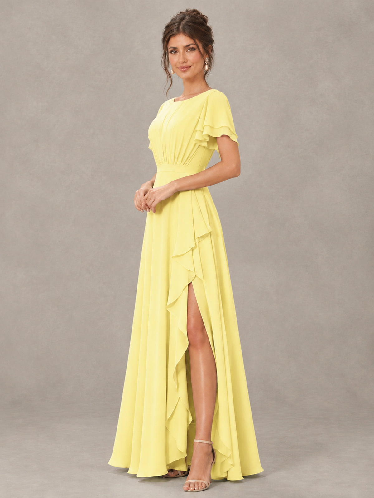 BOLODOO Daffodil Flutter Sleeve Ruffle Bridesmaid Dress with Slit - Daffodil - Daffodil (3)