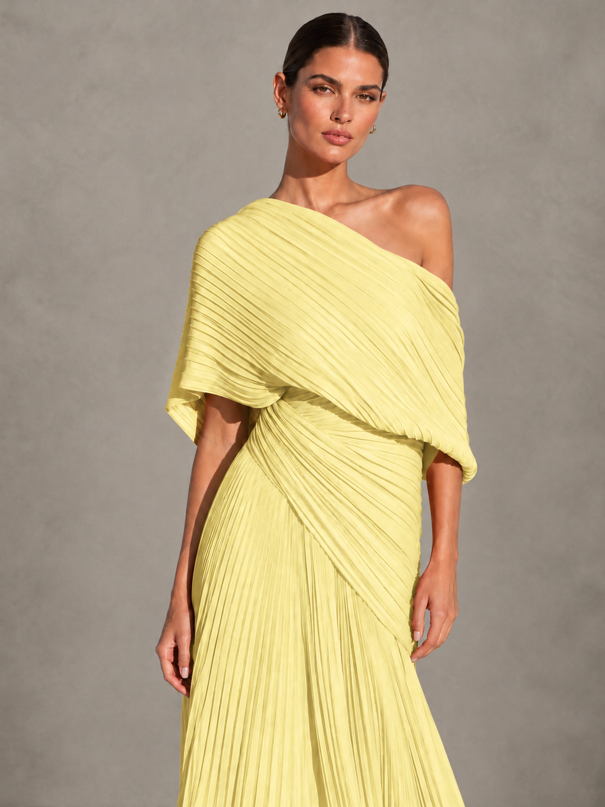BOLODOO Daffodil One-Shoulder Pleated Cape Evening Gown with Train - Daffodil - Daffodil (3)