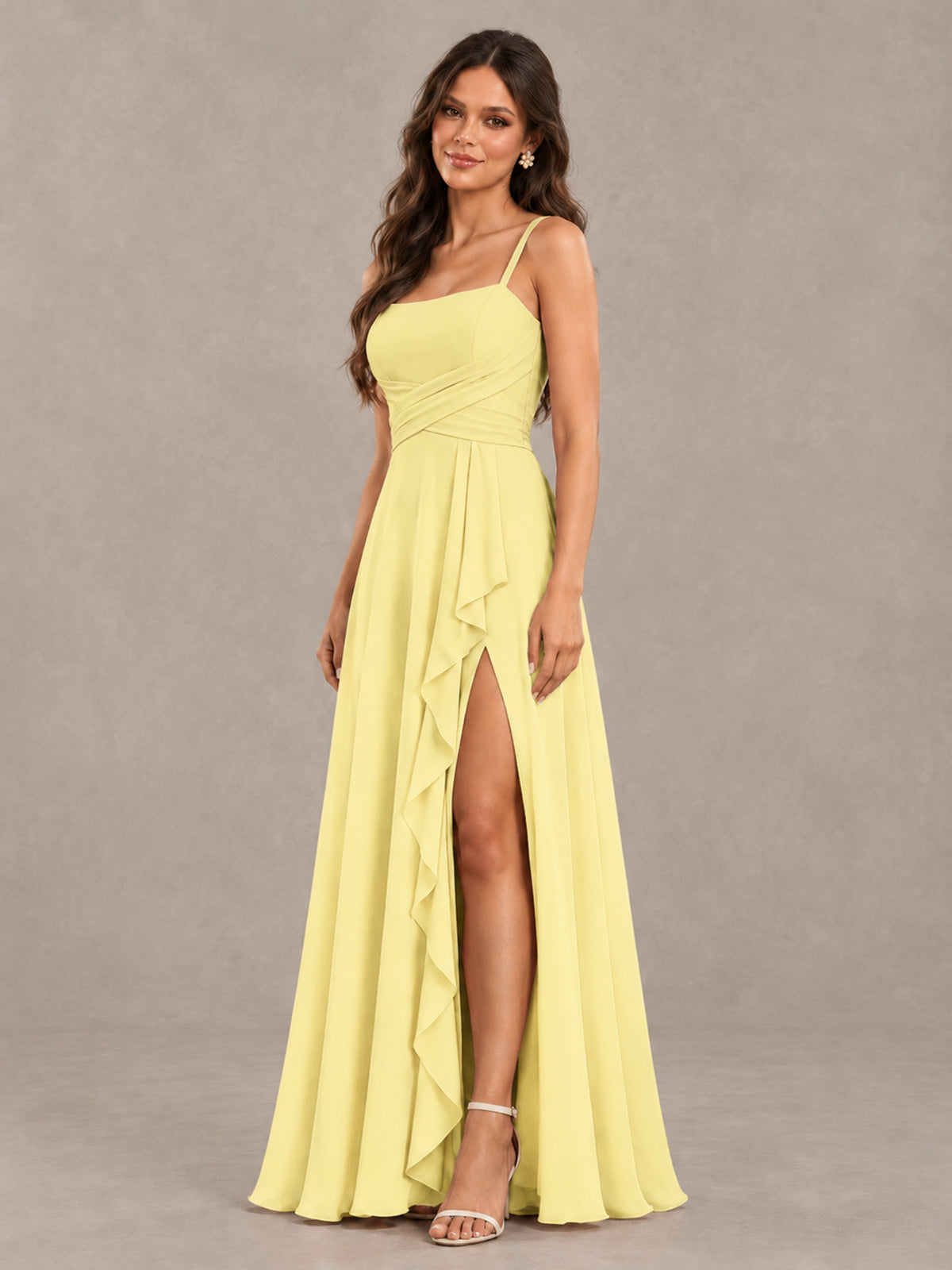 BOLODOO Daffodil Spaghetti Strap Ruffle Bridesmaid Dress with Slit - Daffodil - Daffodil (3)