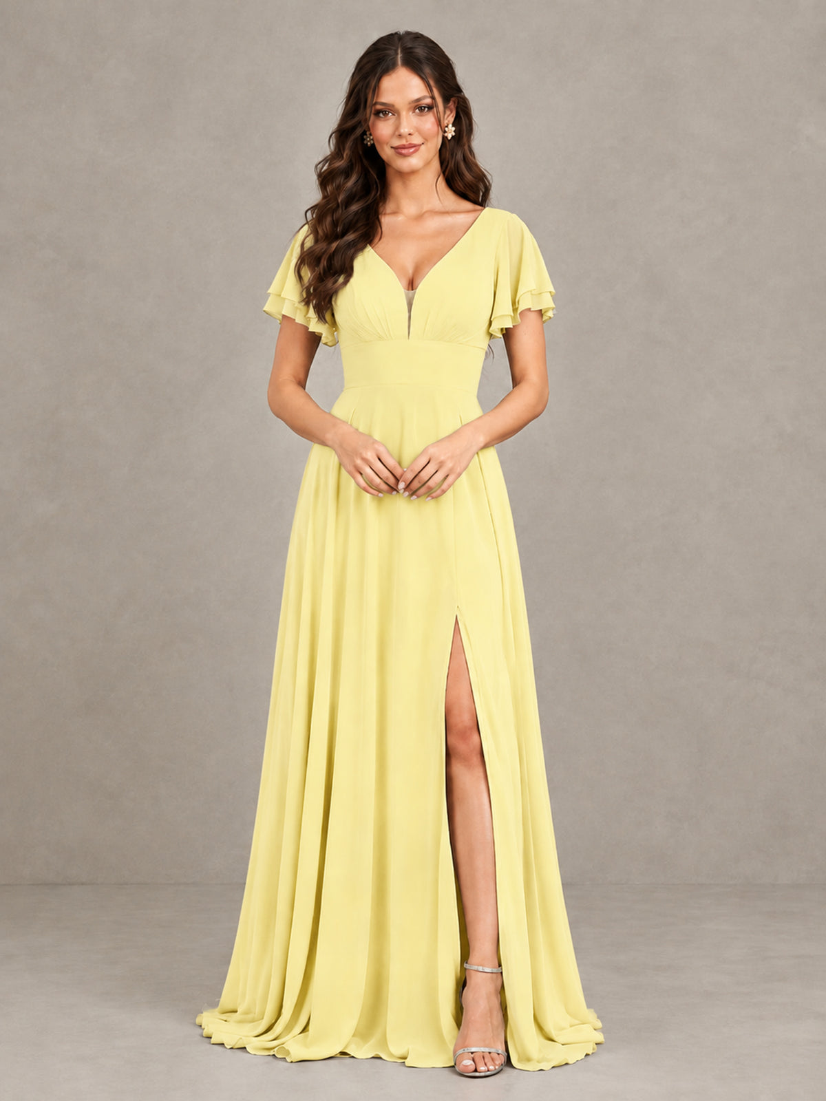 BOLODOO Daffodil Flutter Sleeve Chiffon A-Line Maxi Bridesmaid Dress with Open Back & Slit - Daffodil - Daffodil (4)