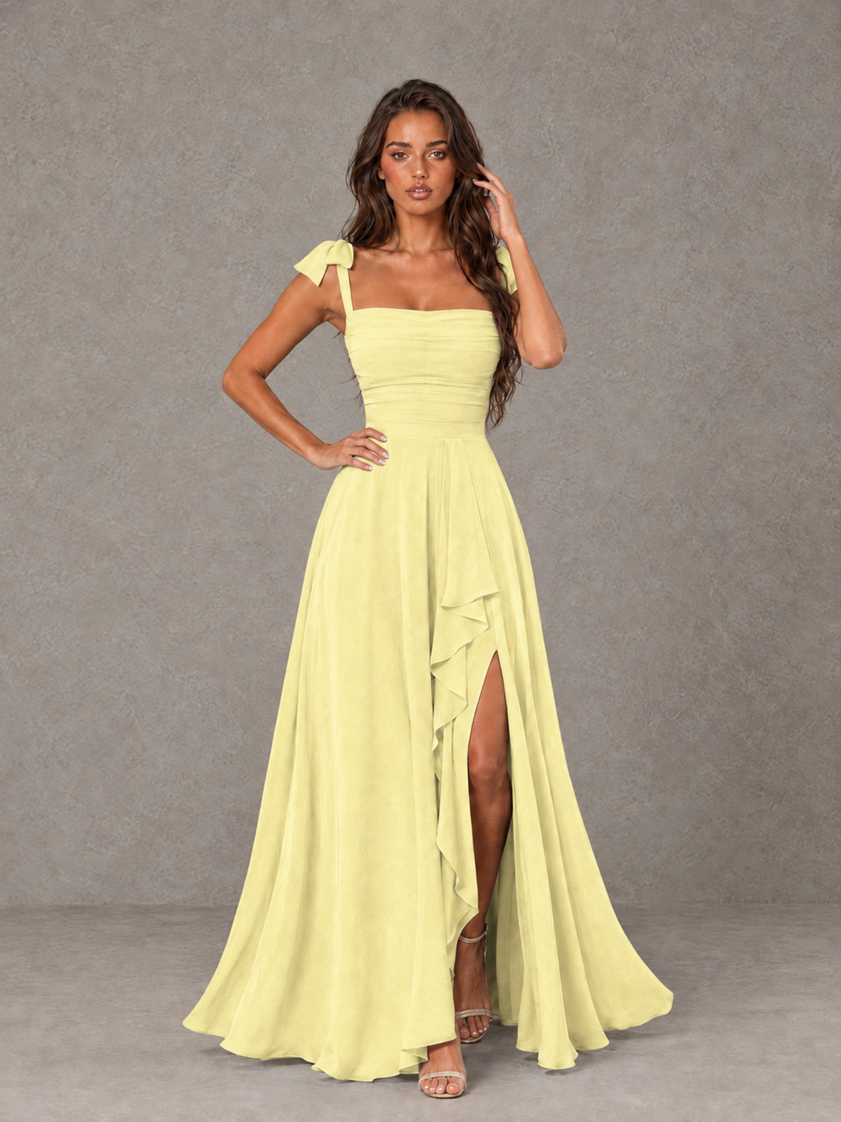 BOLODOO Daffodil Bow-Strap Bridesmaid Dress with Ruffle Slit - Daffodil - Daffodil (4)