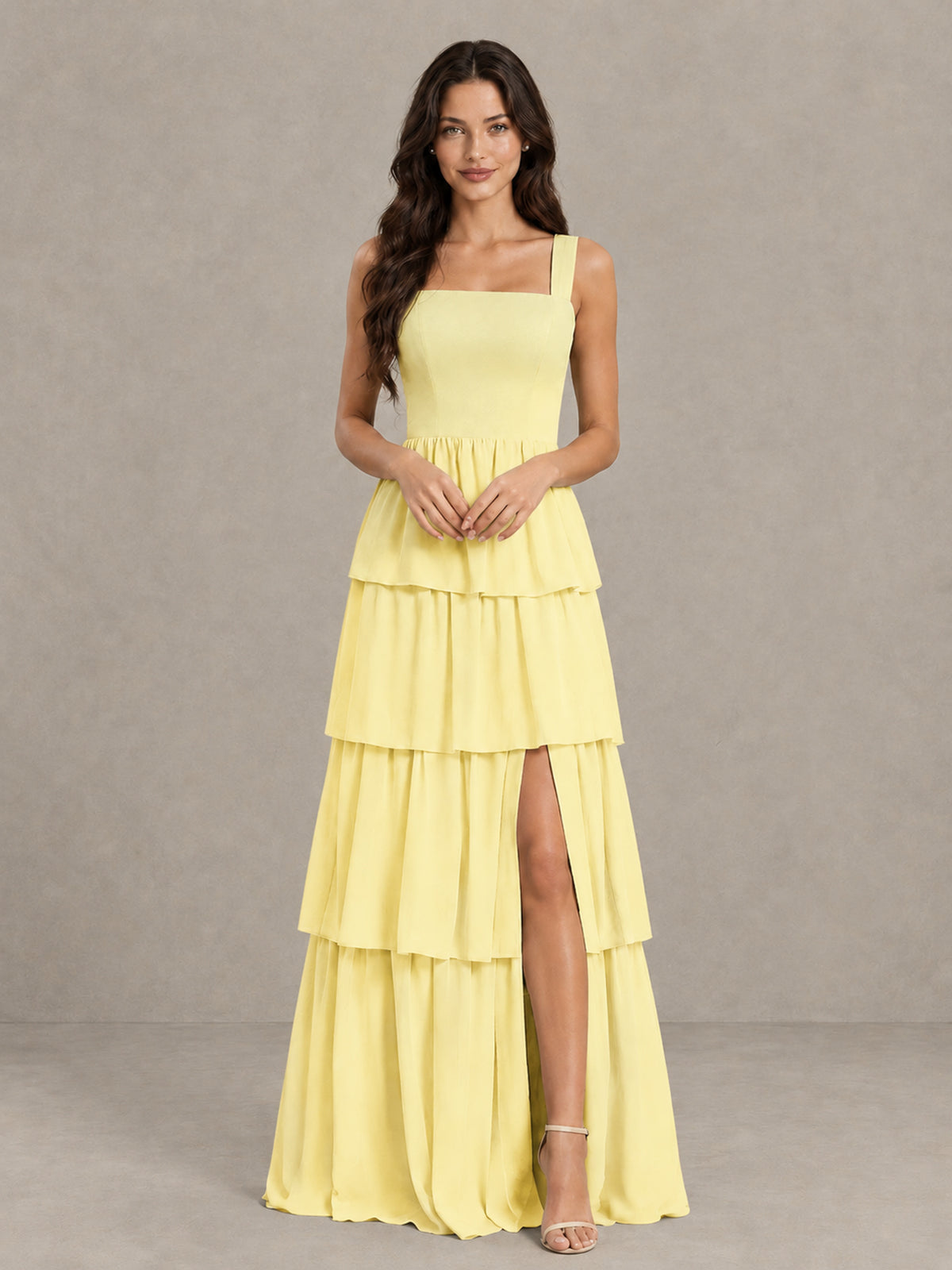 BOLODOO Daffodil Square Neck Tiered Bridesmaid Dress with Slit - Daffodil - Daffodil (4)
