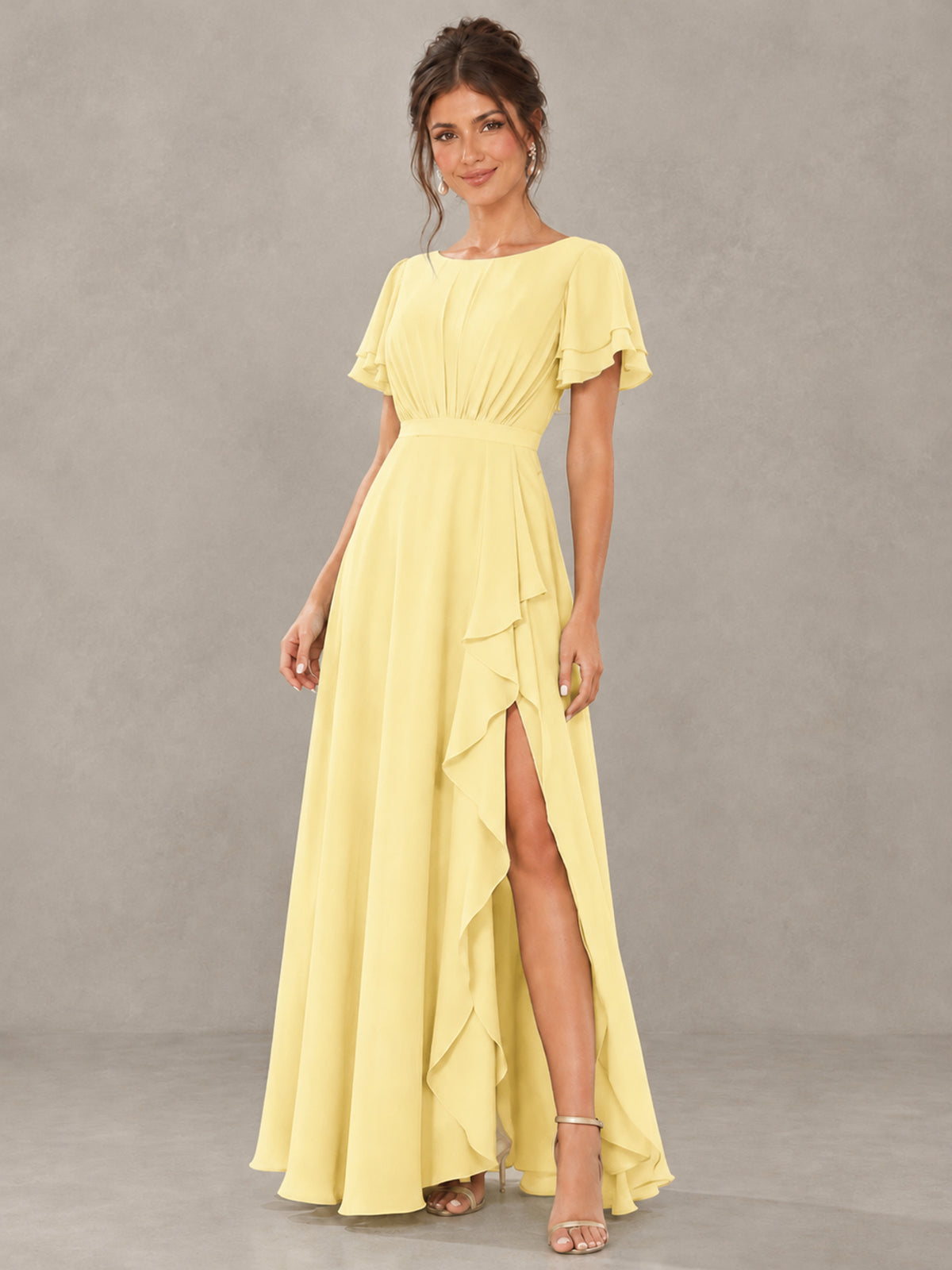 BOLODOO Daffodil Flutter Sleeve Ruffle Bridesmaid Dress with Slit - Daffodil - Daffodil (4)