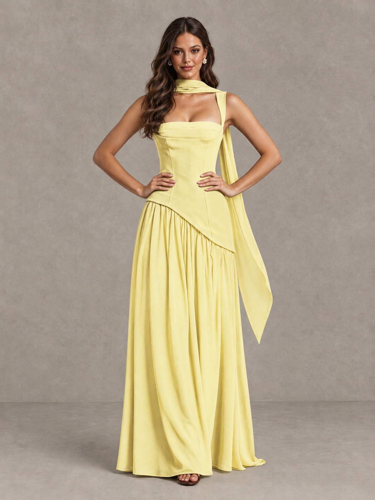 BOLODOO Daffodil Brown Scarf Bridesmaid Dress with Lace-Up Back - Daffodil - Daffodil (4)