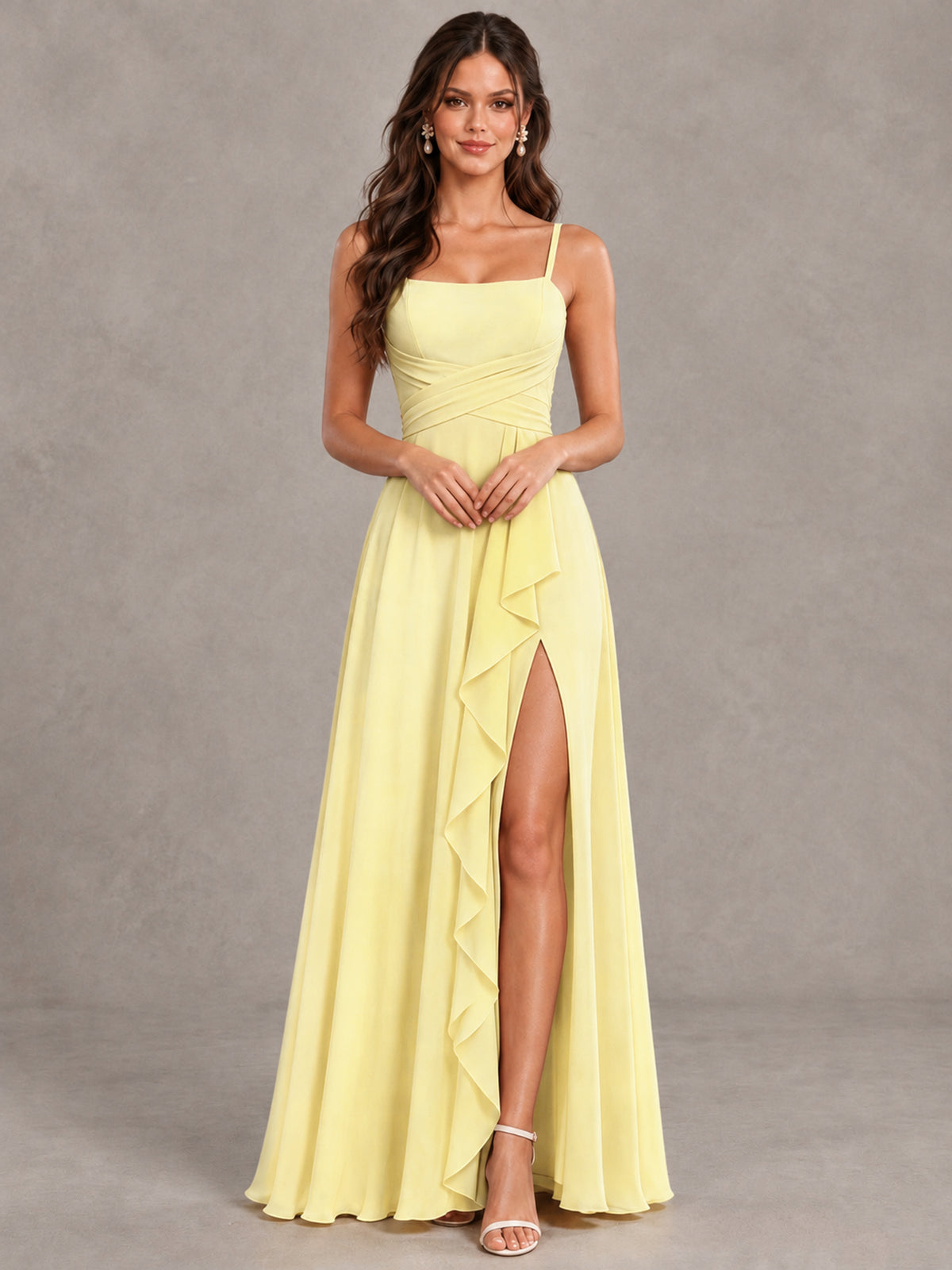 BOLODOO Daffodil Spaghetti Strap Ruffle Bridesmaid Dress with Slit - Daffodil - Daffodil (4)