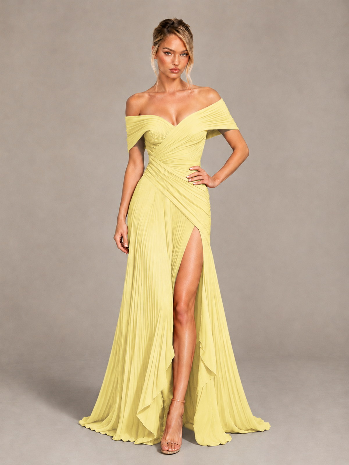 BOLODOO Daffodil Off-Shoulder Ruched Pleated Maxi Dress with High Slit - Daffodil - Daffodil (4)