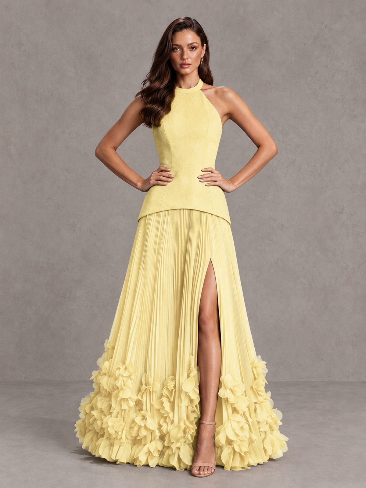 BOLODOO Daffodil Halter Neck Floor-Length Evening Gown with High Slit & 3D Floral Hem - Daffodil - Daffodil (4)
