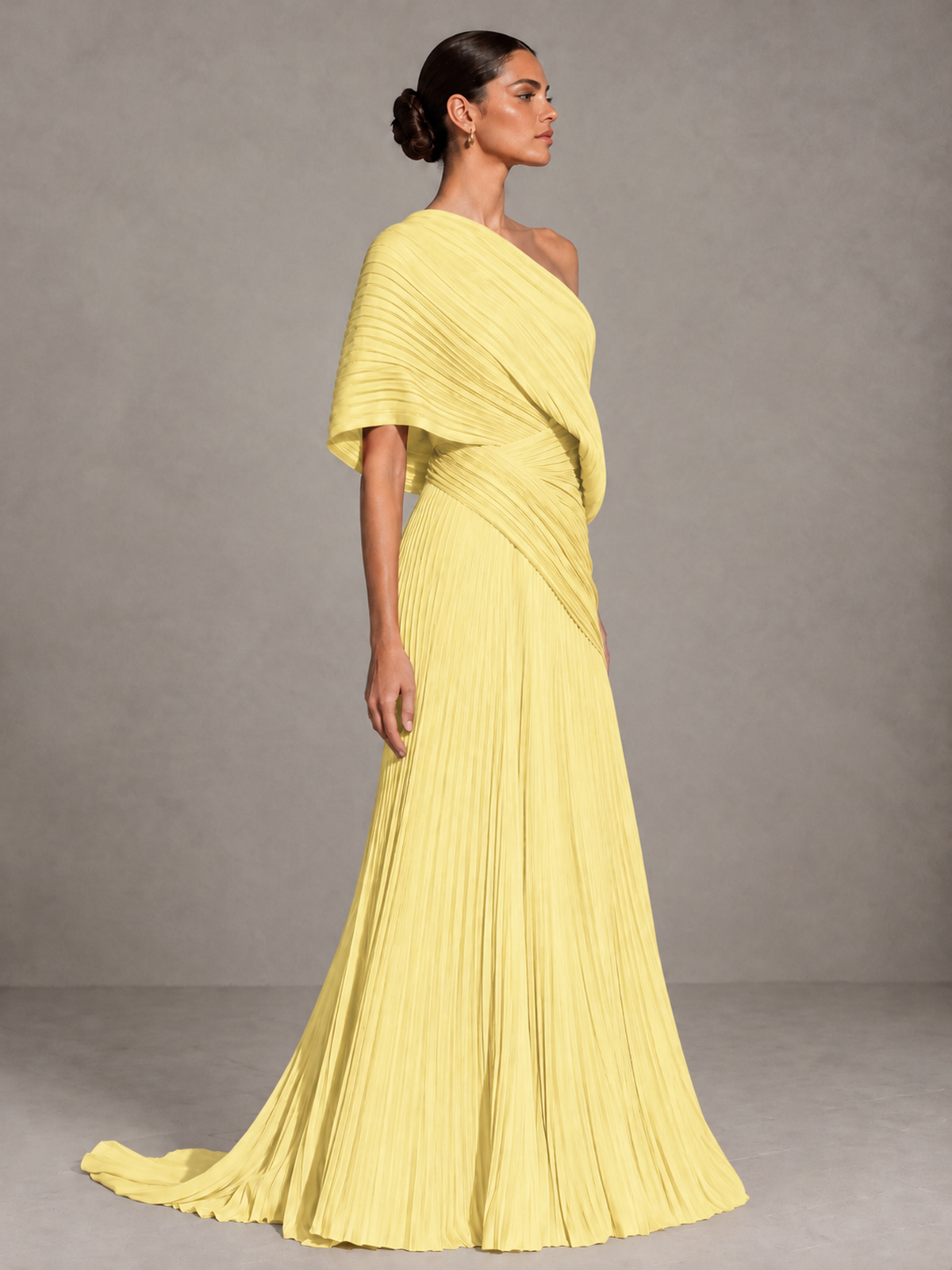 BOLODOO Daffodil One-Shoulder Pleated Cape Evening Gown with Train - Daffodil - Daffodil (4)
