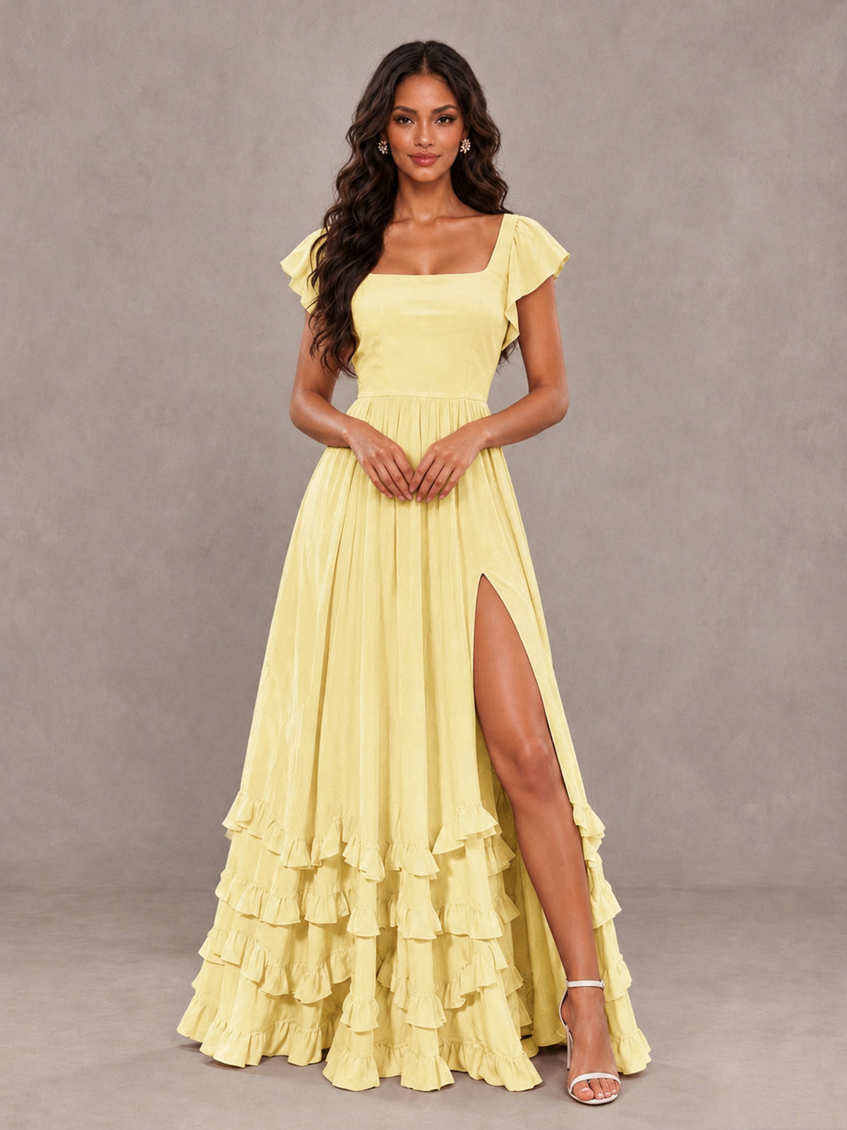 BOLODOO Daffodil Flutter Sleeve Ruffle Bridesmaid Dress with Slit - Daffodil - Daffodil (4)