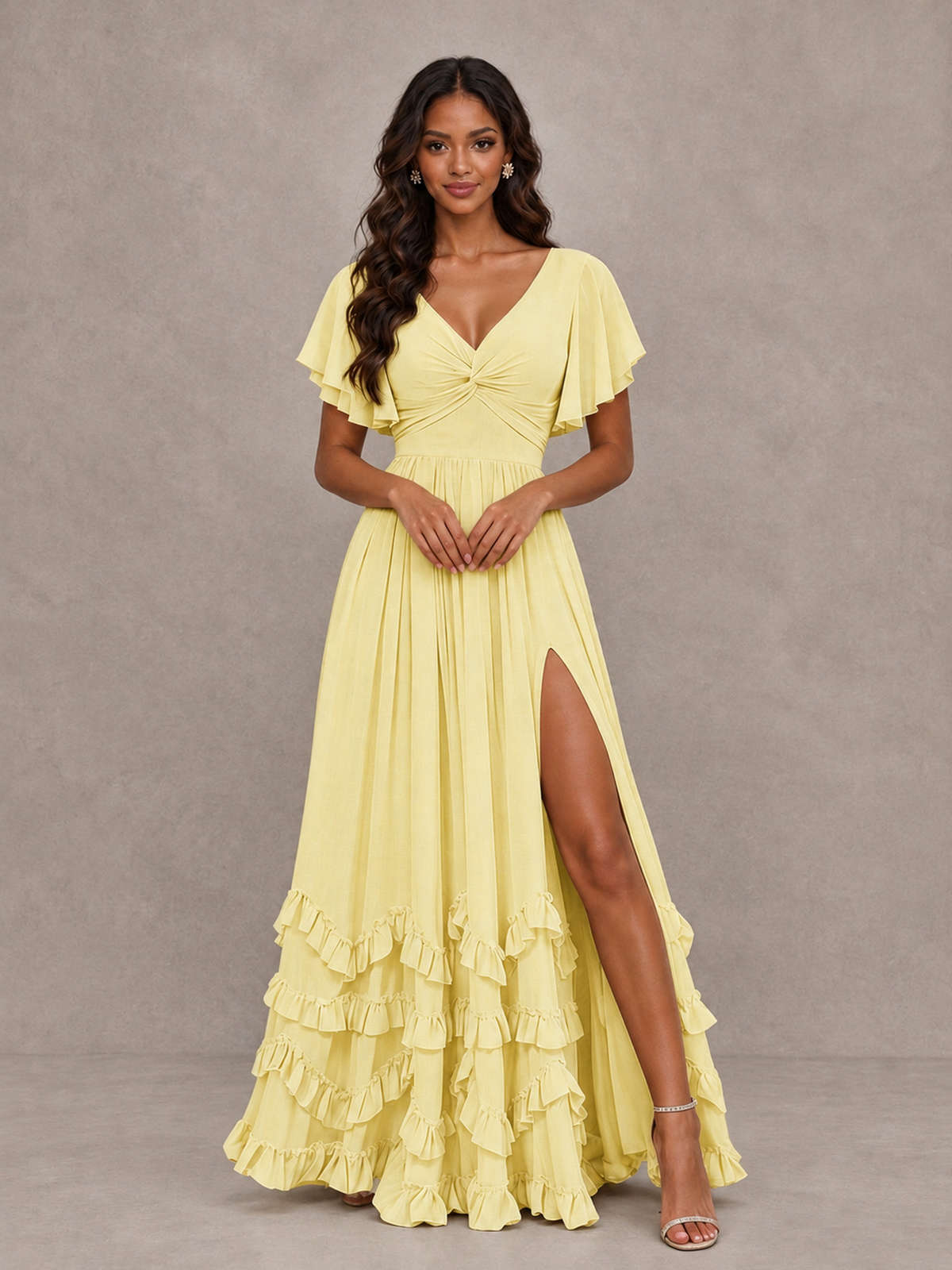 BOLODOO Daffodil V-Neck Flutter Sleeve Ruffle Bridesmaid Dress with Slit - Daffodil - Daffodil (4)