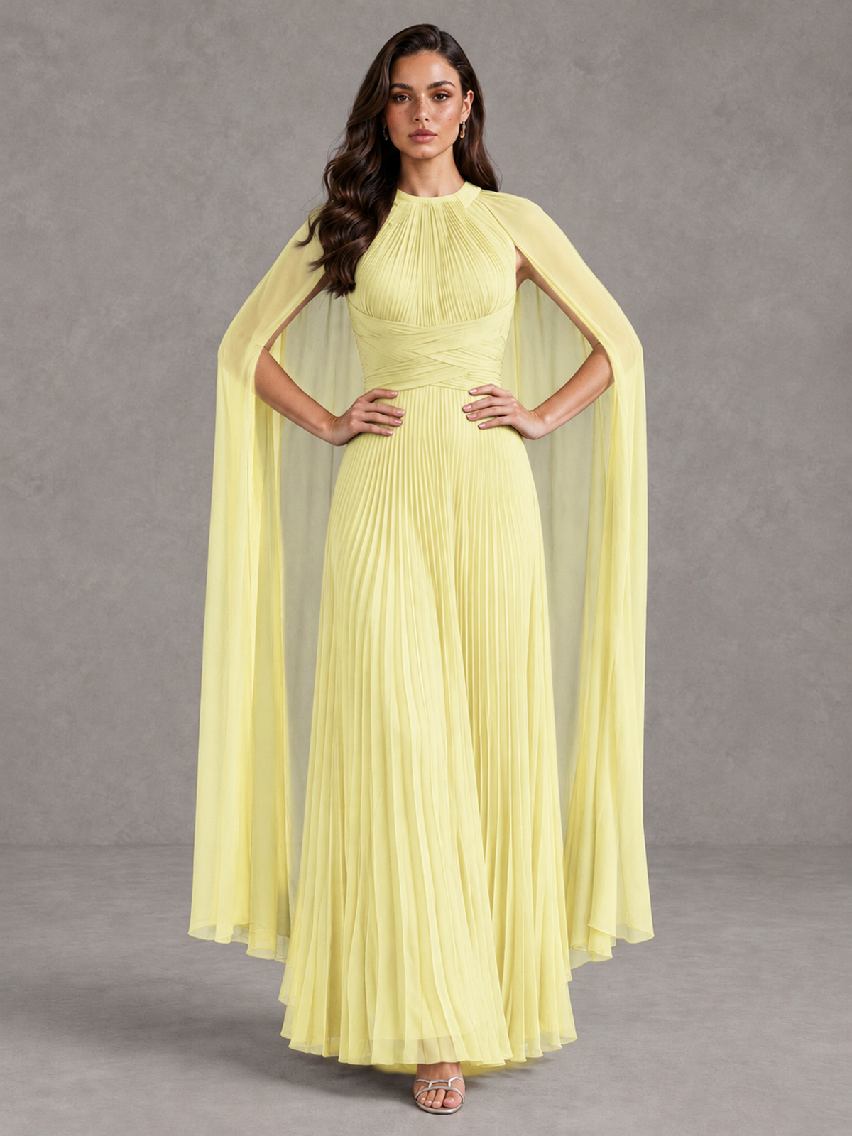 BOLODOO Daffodil Pleated Cape Maxi Wedding Guest Dress - Daffodil - Daffodil (4)
