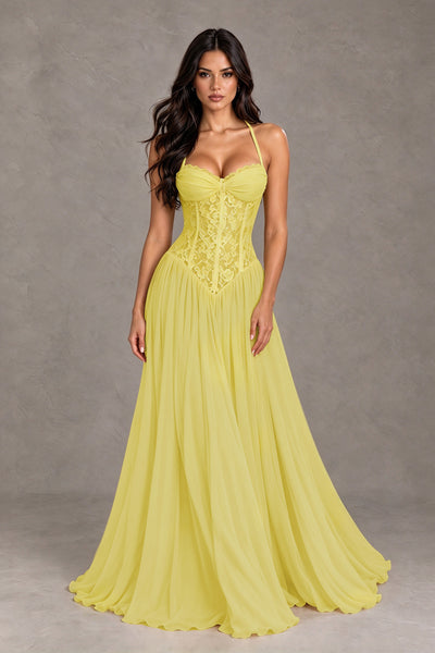 BOLODOO Daffodil Lace Corset Halter Maxi Gown – Backless A-Line Formal Dress 