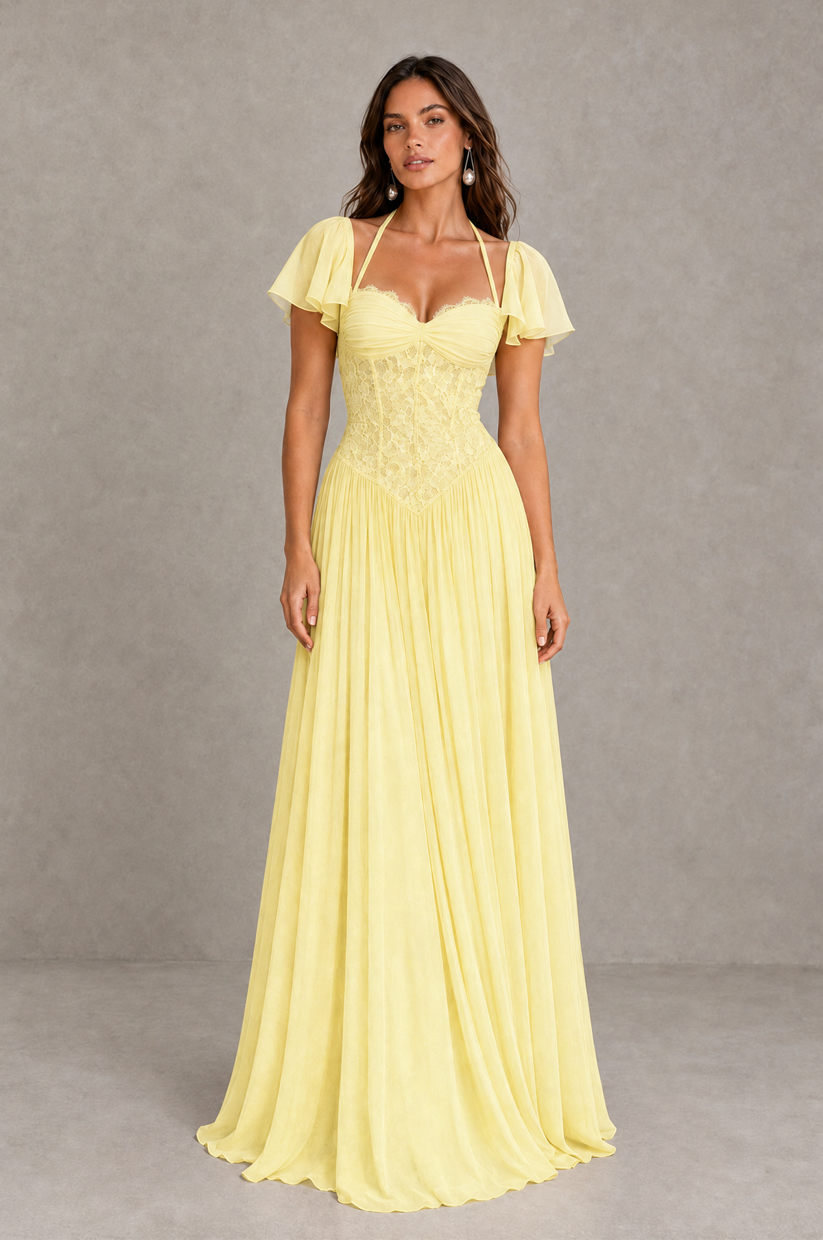 BOLODOO Daffodil Flutter Sleeve Lace Corset A-Line Maxi Dress 