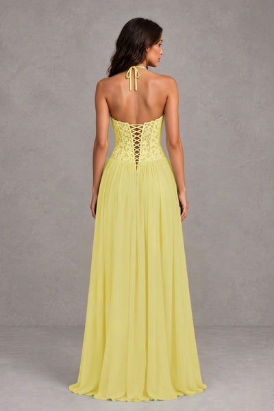 BOLODOO Daffodil Lace Corset Halter Maxi Gown – Backless A-Line Formal Dress 