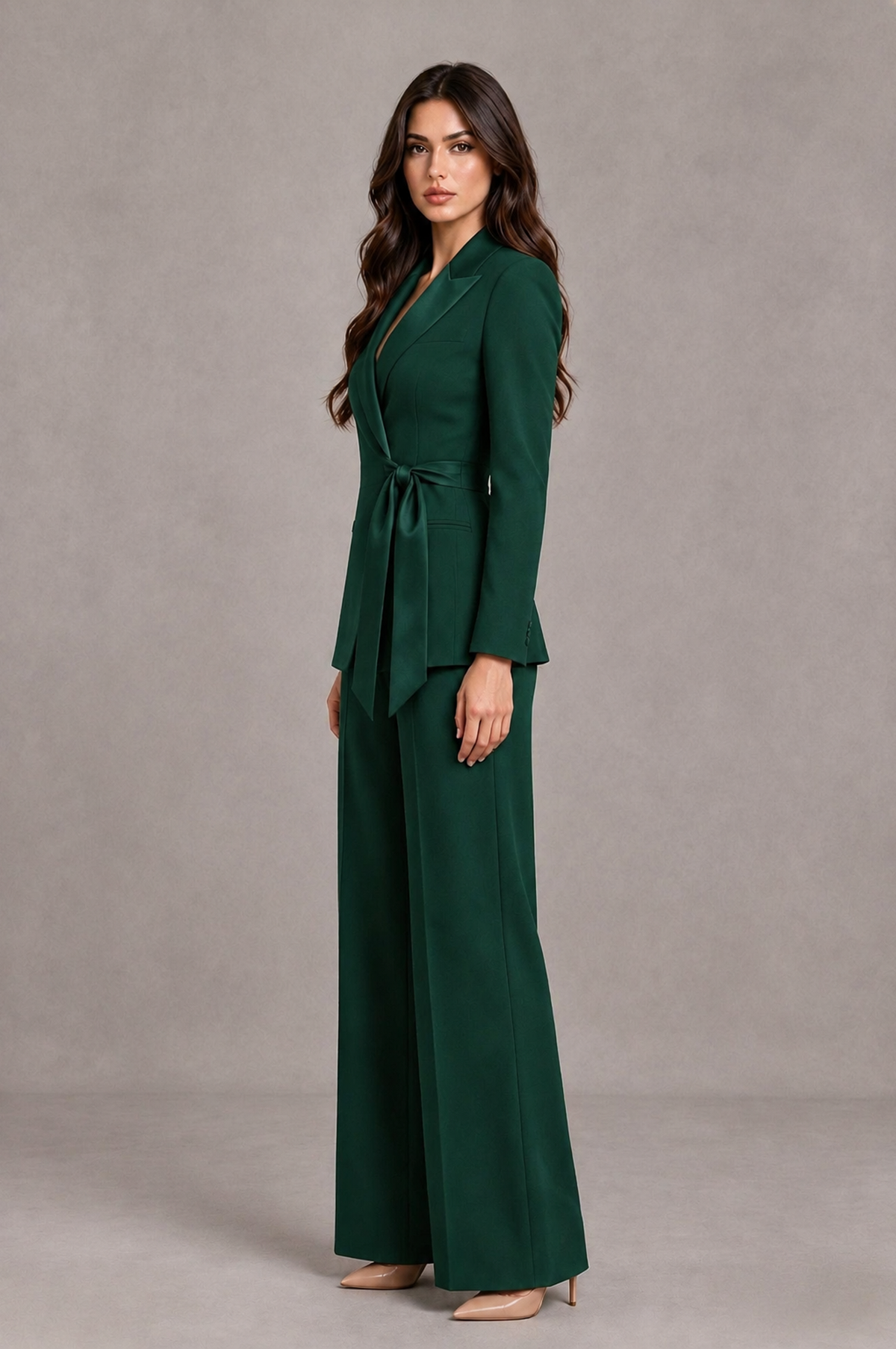 BOLODOO Dark Green Tie-Waist Blazer & Wide-Leg Pantsuit 