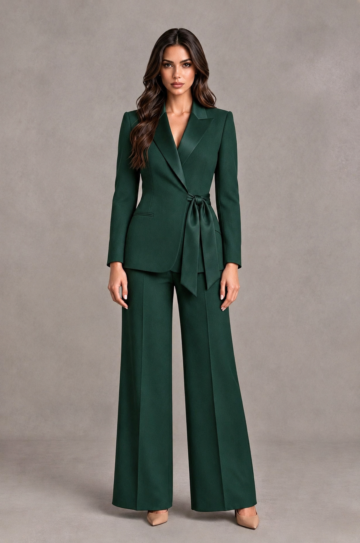 BOLODOO Dark Green Tie-Waist Blazer & Wide-Leg Pantsuit 