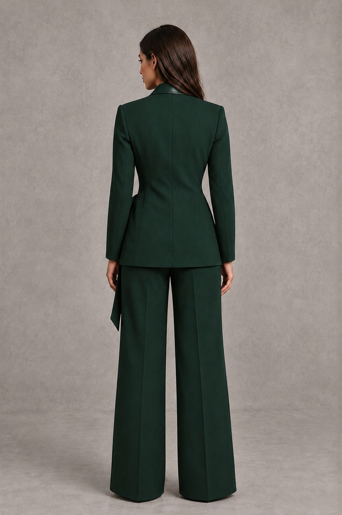 BOLODOO Dark Green Tie-Waist Blazer & Wide-Leg Pantsuit 