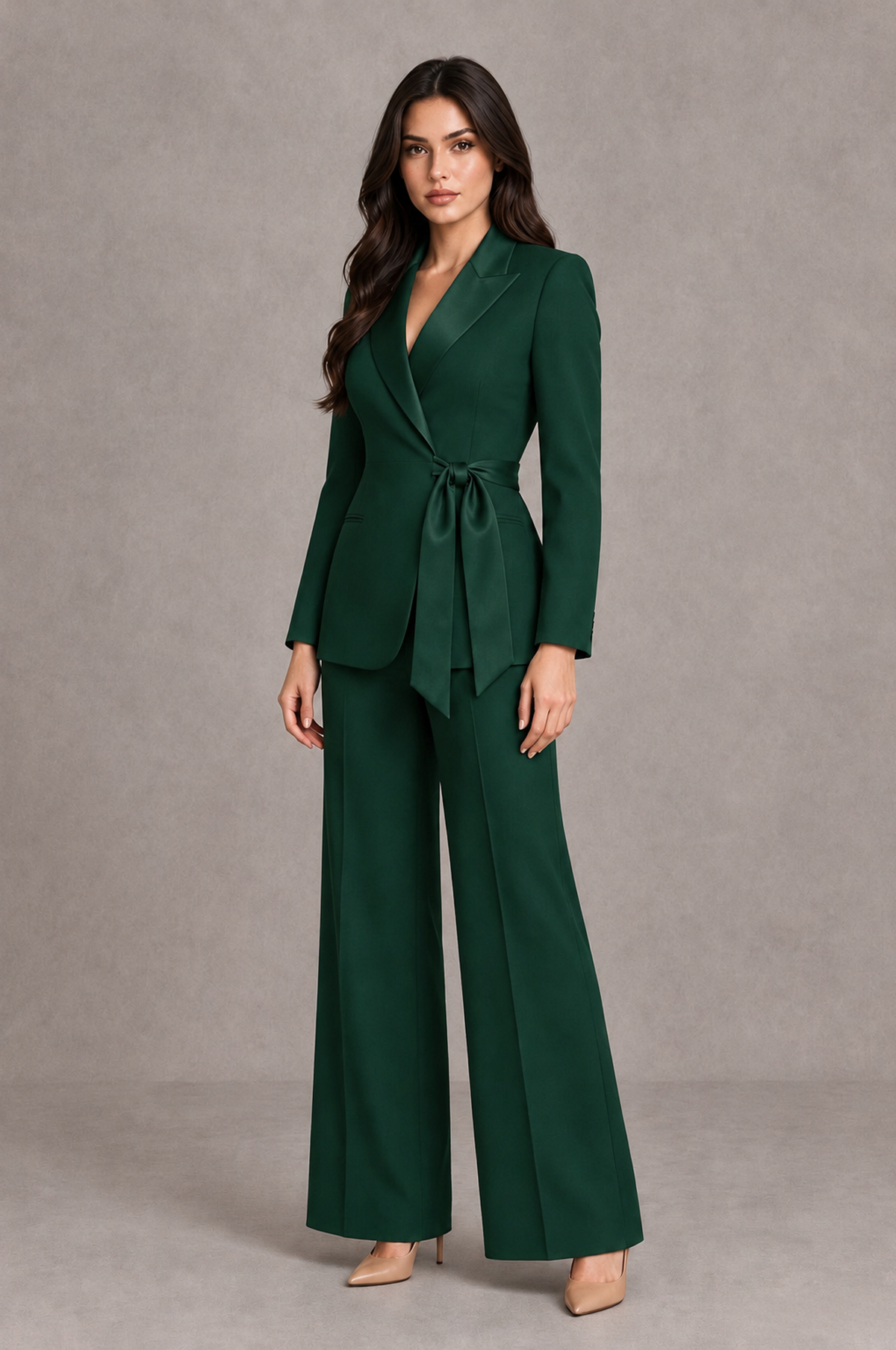 BOLODOO Dark Green Tie-Waist Blazer & Wide-Leg Pantsuit 
