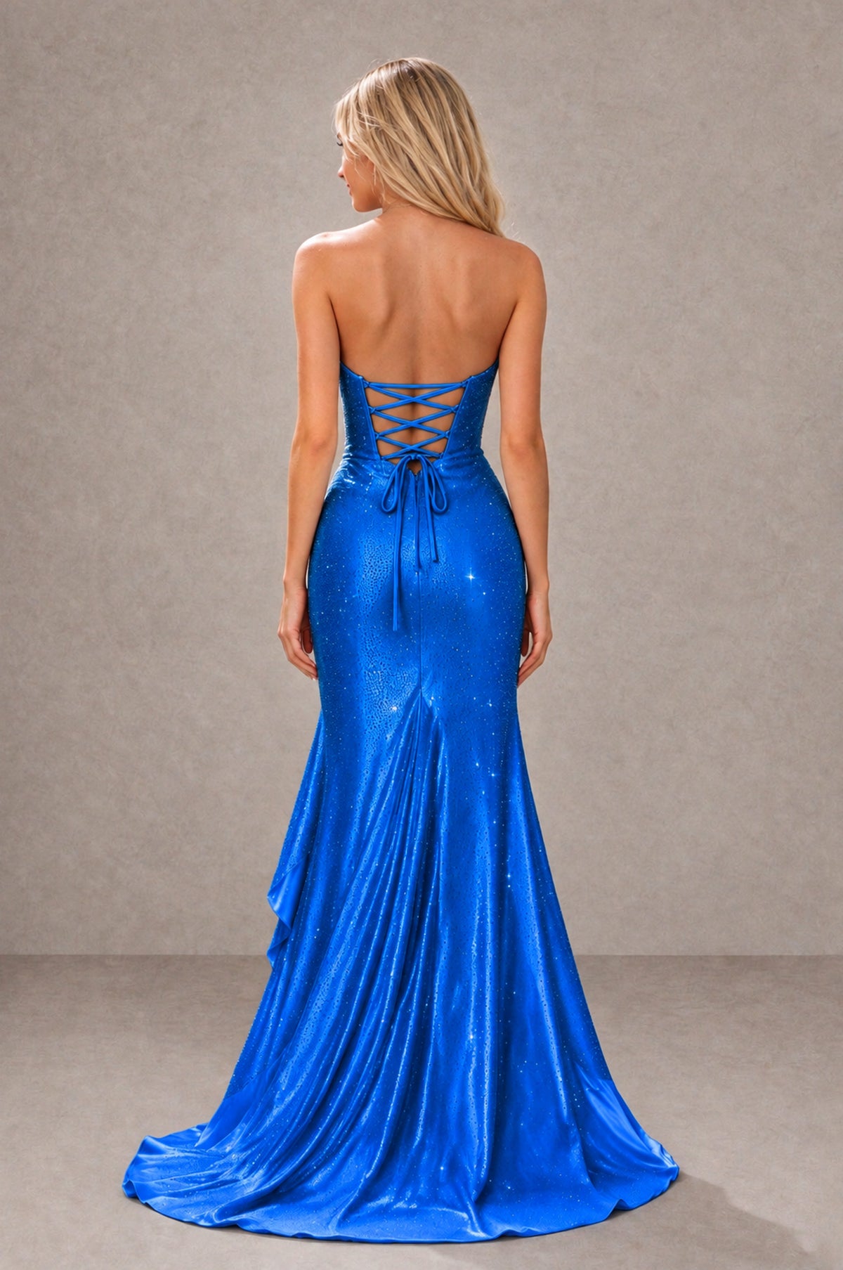 BOLODOO Dark Blue Strapless Corset Mermaid Prom Dress with Ruffle Slit - Dark Blue - Dark Blue_2