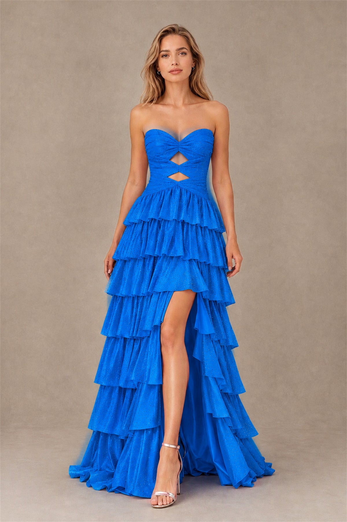 BOLODOO Dark Blue Strapless Cutout Tiered Ruffle Prom Dress with High Slit - Dark Blue - Dark Blue (1)