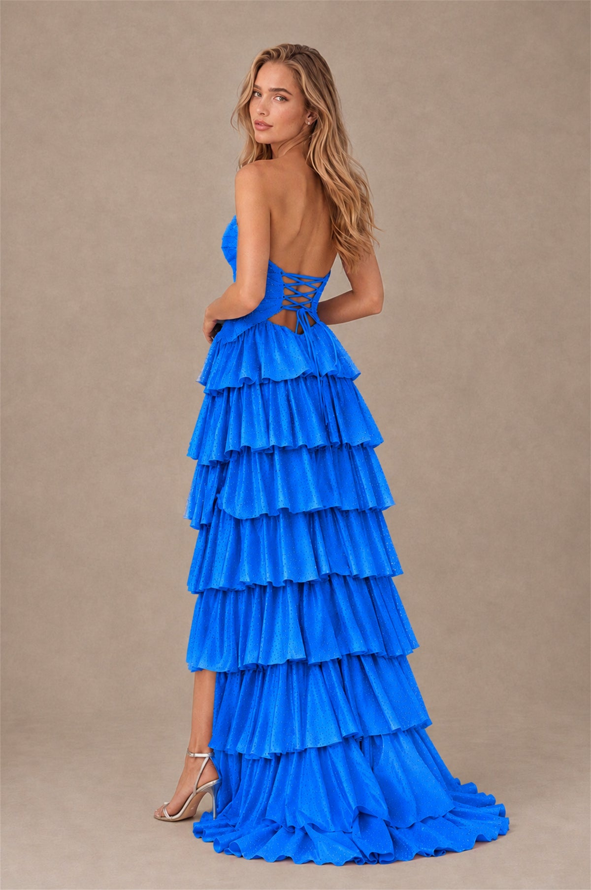 BOLODOO Dark Blue Strapless Cutout Tiered Ruffle Prom Dress with High Slit - Dark Blue - Dark Blue (2)