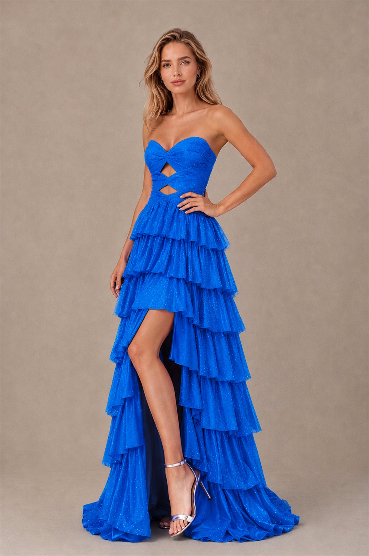 BOLODOO Dark Blue Strapless Cutout Tiered Ruffle Prom Dress with High Slit - Dark Blue - Dark Blue (3)